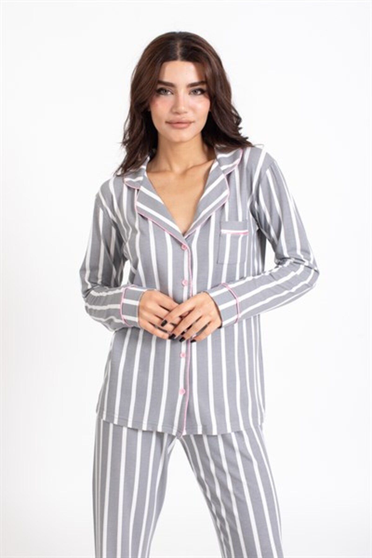 Villager&Son Vs Desenli Penye U.kol Pijama Takım Gri/beyaz Çizgili