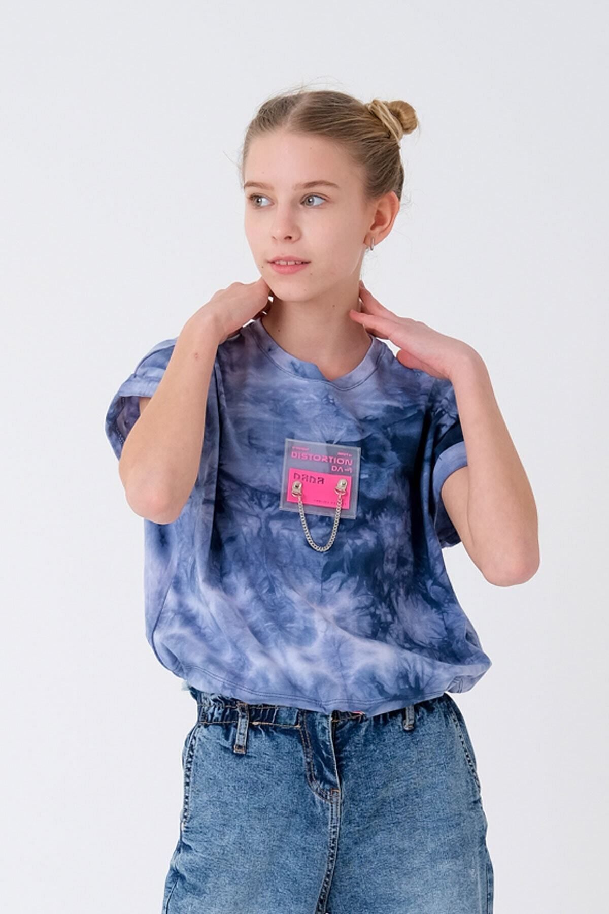 Enisena Lacivert & Gri Kız Çocuk Batik Beli Ayarlanabilir T-shirt Hn122