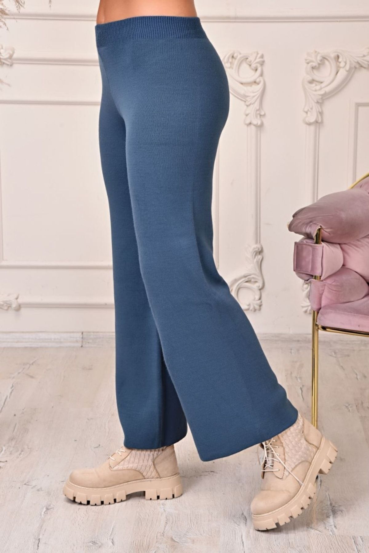 Nacar Kadın Kalın Kışlık Rahat Kalıp Bol Paça Comfort Beli Lastikli Triko Pantolon