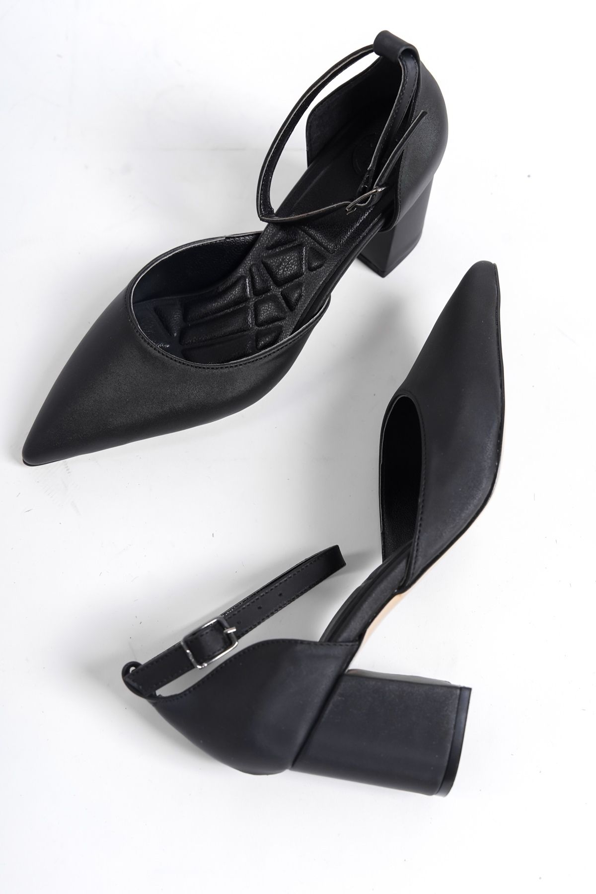 Modabuymus Kadın Yanı Açık Bilekli Kısa Kalın Topuklu Siyah Stiletto - Rebone