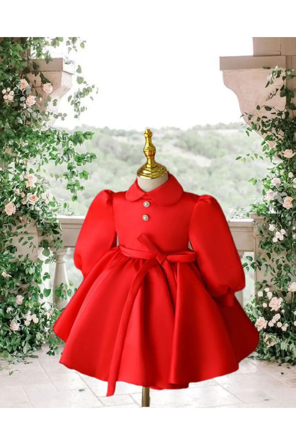 Wiolans Kız Çocuk Kırmızı İnci Detaylı Saten Yılbaşı Özel Tasarım Elbise