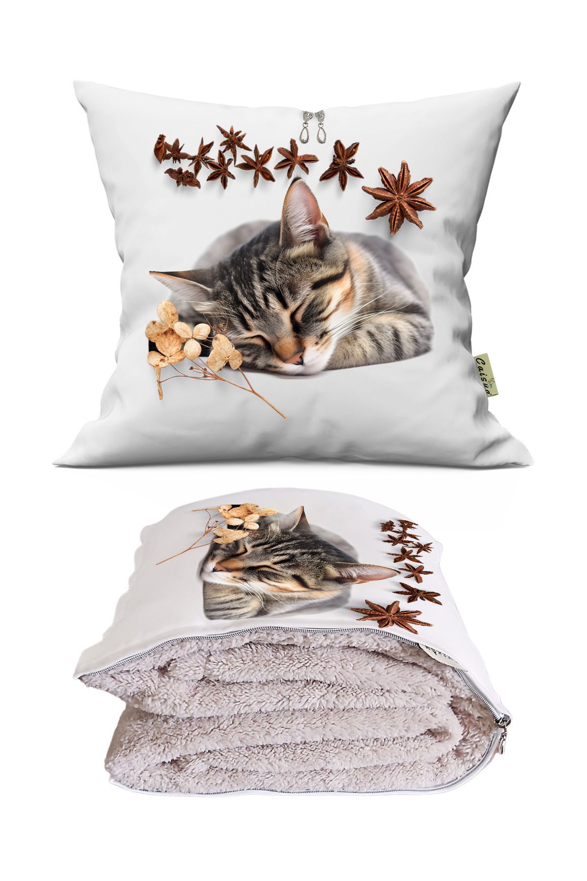 CeyCan Home Sevimli Kedi Cute Cat Baskılı Tv Battaniyeli Opsiyonel Dekoratif Kırlent Yastık
