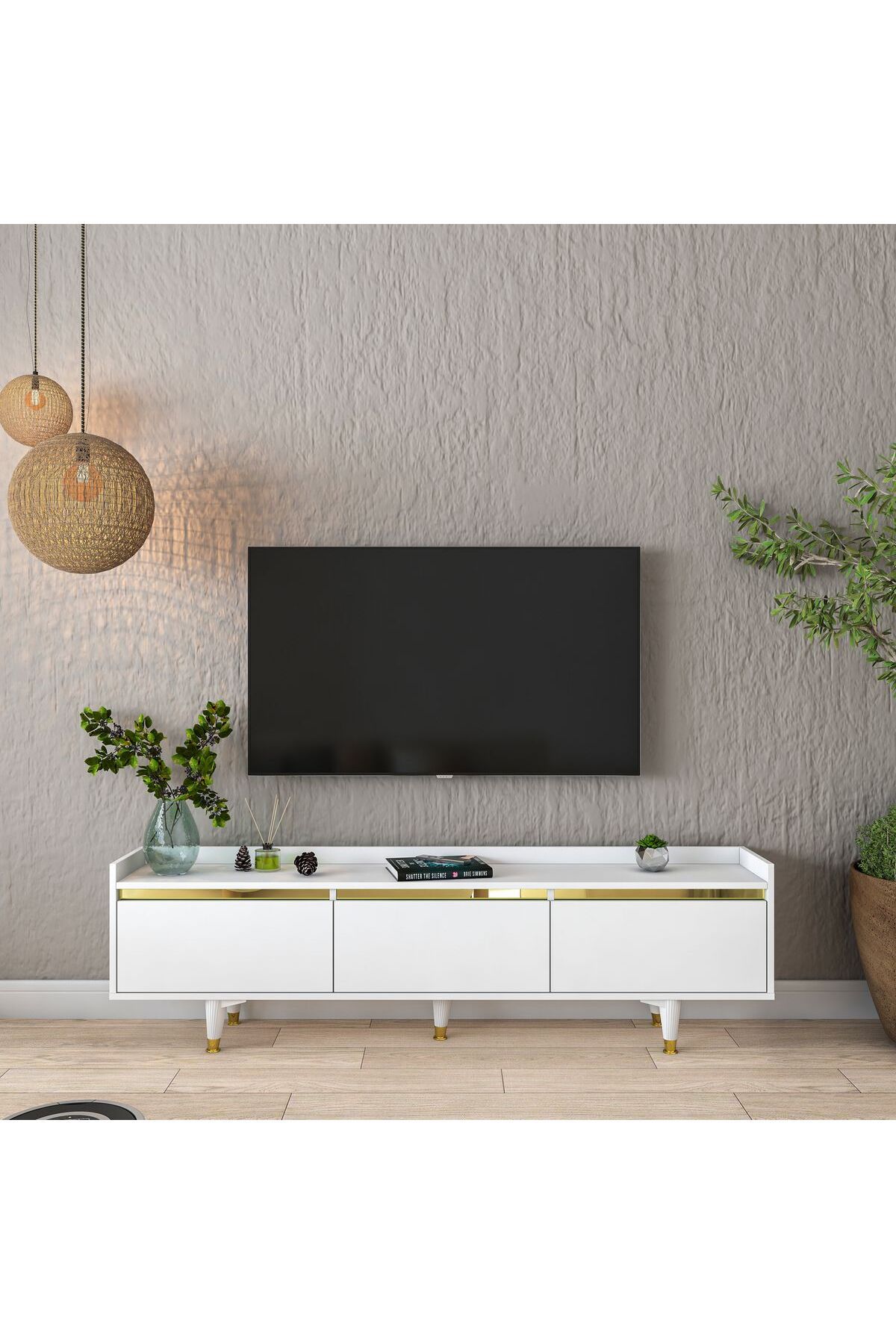 Rani Mobilya Rani AA149 Tv Ünitesi Düşer Kapaklı Gold Aynalı Çıtalı Tv Sehpası 180 Cm Beyaz