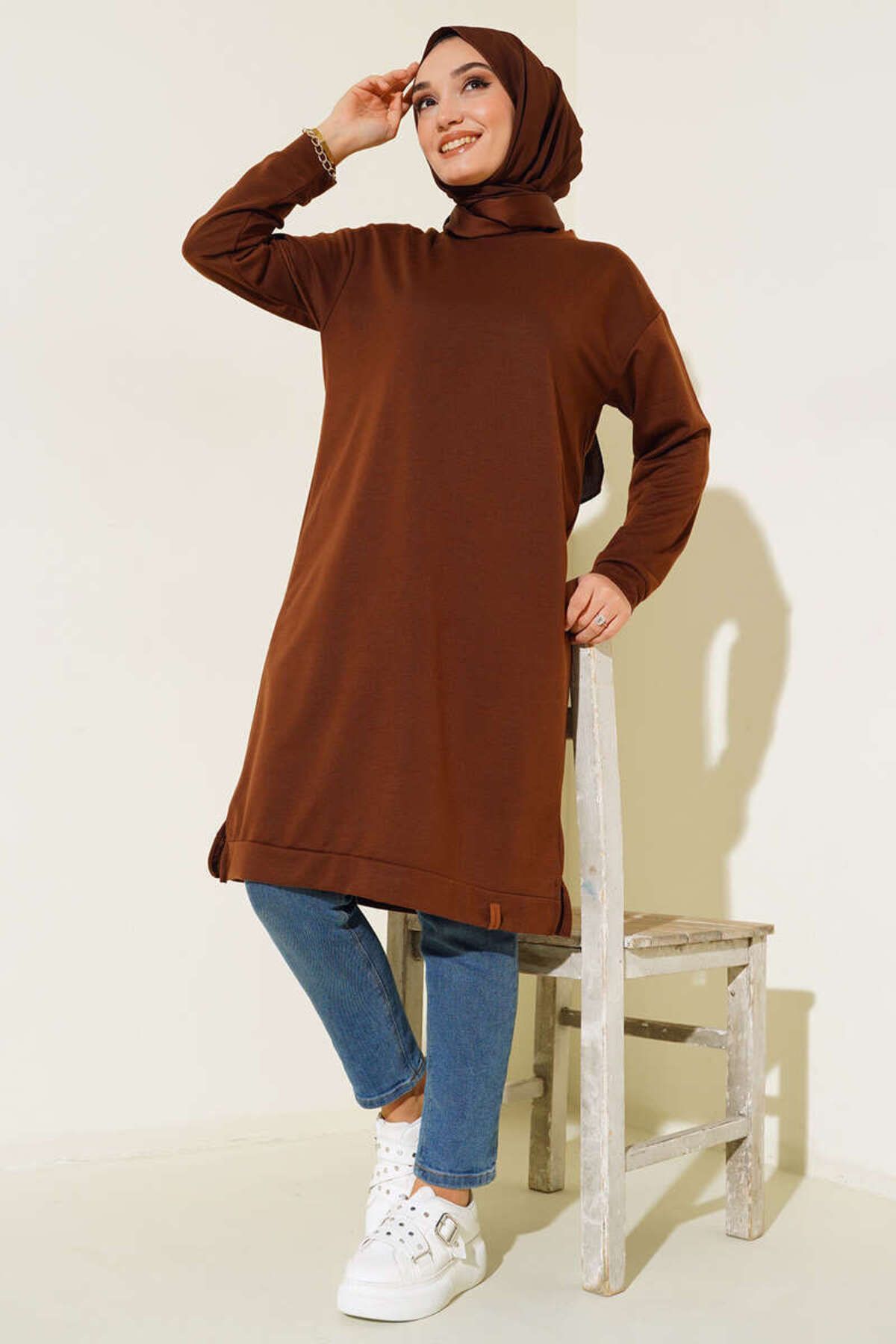 benguen 1983 Yanları Yırtmaçlı Basic Uzun Tunik Kahverengi