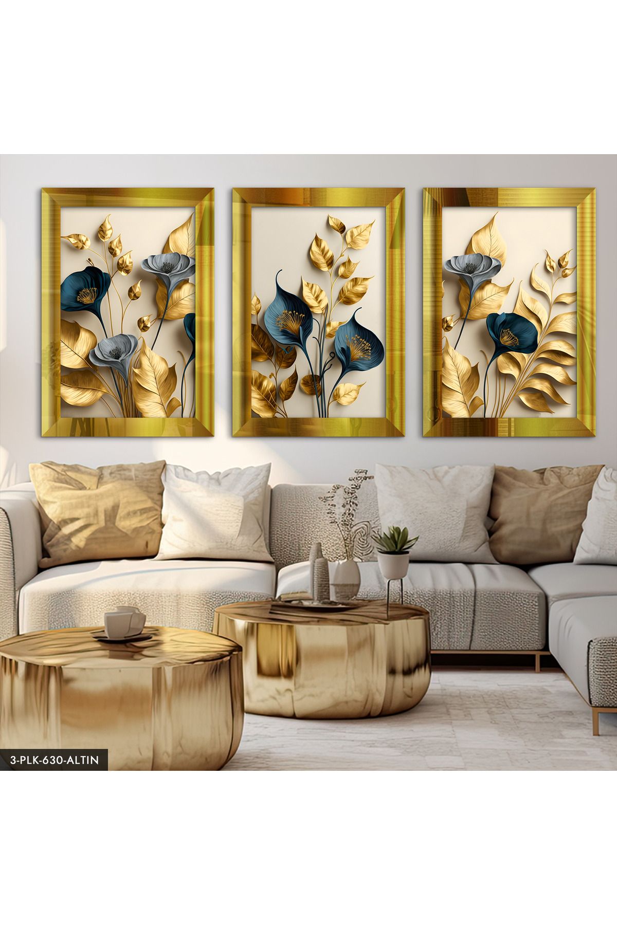 Evinemoda Zarif Altın ve Mavi Çiçekler 3 Parça Pleksi Aynalı Tablo