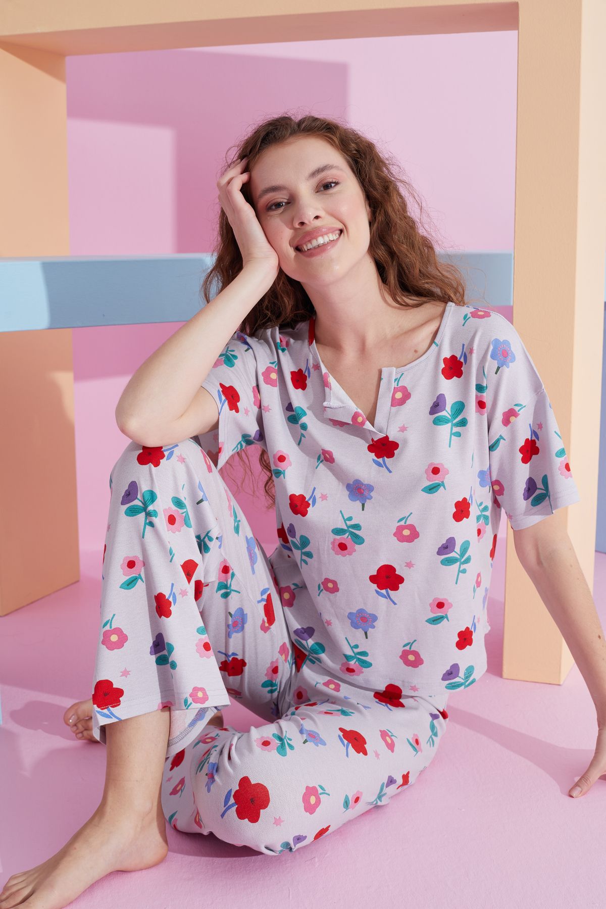 Siyah İnci gri çiçek desenli likralı Örme Pijama Takım