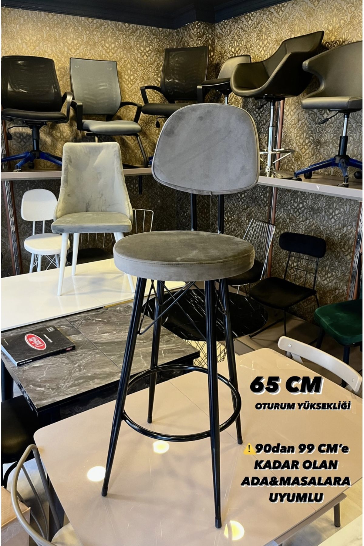 Sandalye Shop Yeni Dolce Bar Sandalyesi 65 cm Kazayağı Kumaş.90 ile 99 cm arası Ada&Masalara uyumlu