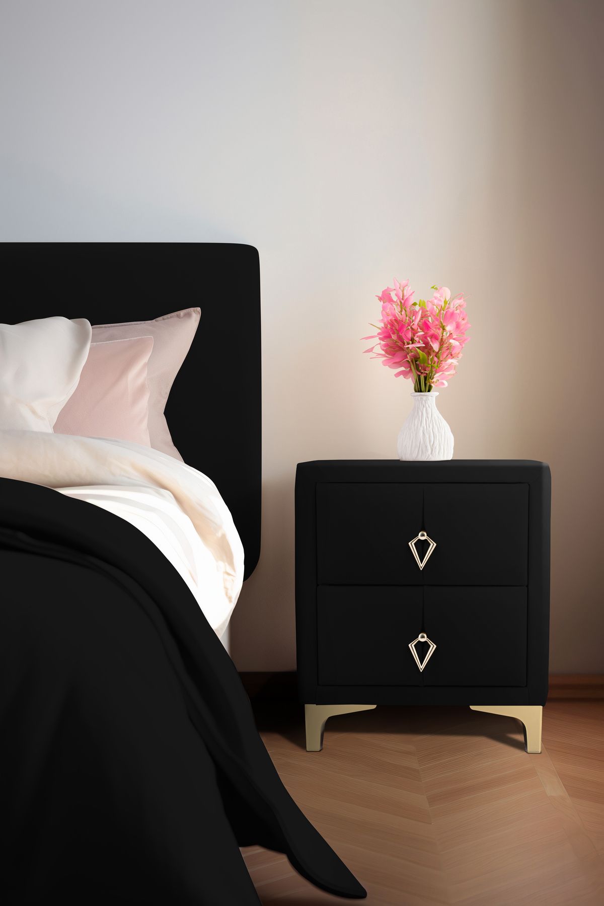 Gazzini furniture Harmony Gold Iki Çekmeceli Siyah Komodin- Yatak Odası Kumaş Döşemeli 2 Kapaklı Komodin Modeli