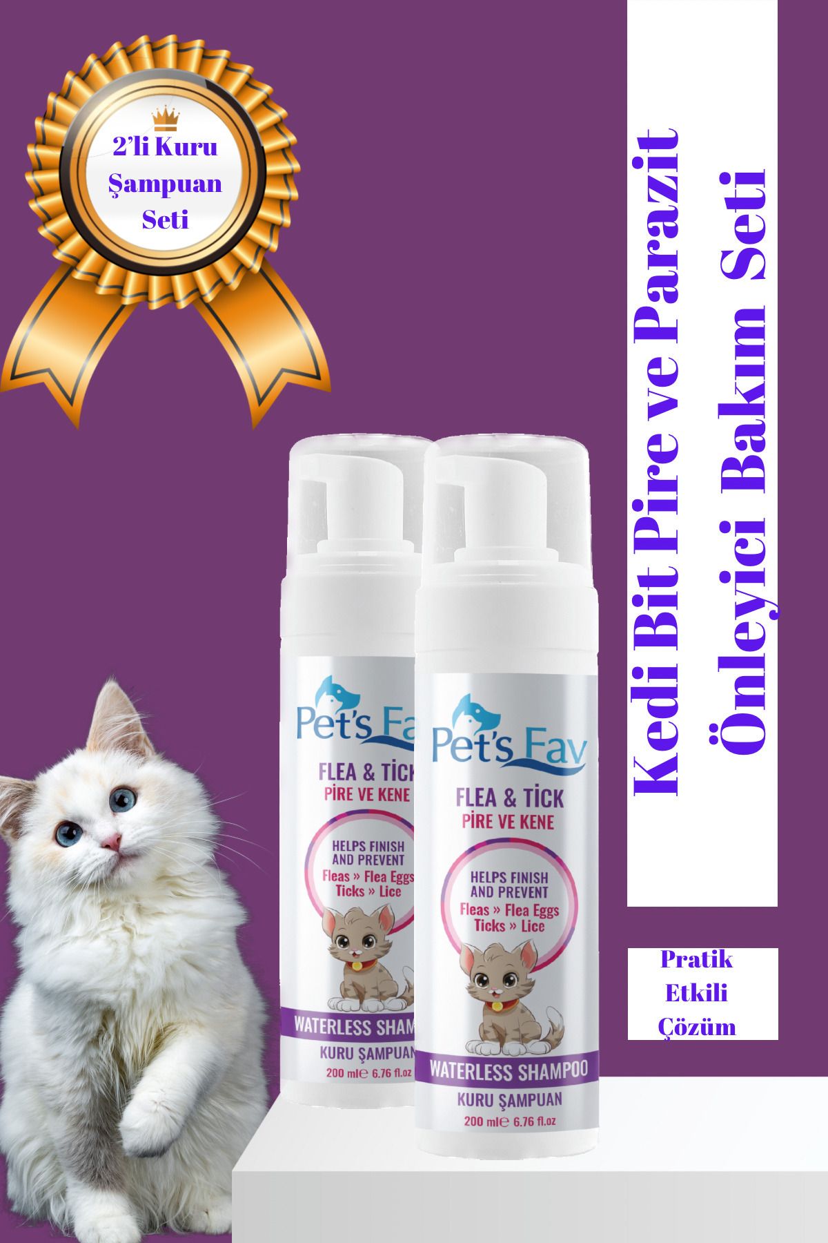 Pets Fav Kedi Bit Pire Kene ve Parazit Önleyici Kuru Köpük Şampuanı 2'li Paket