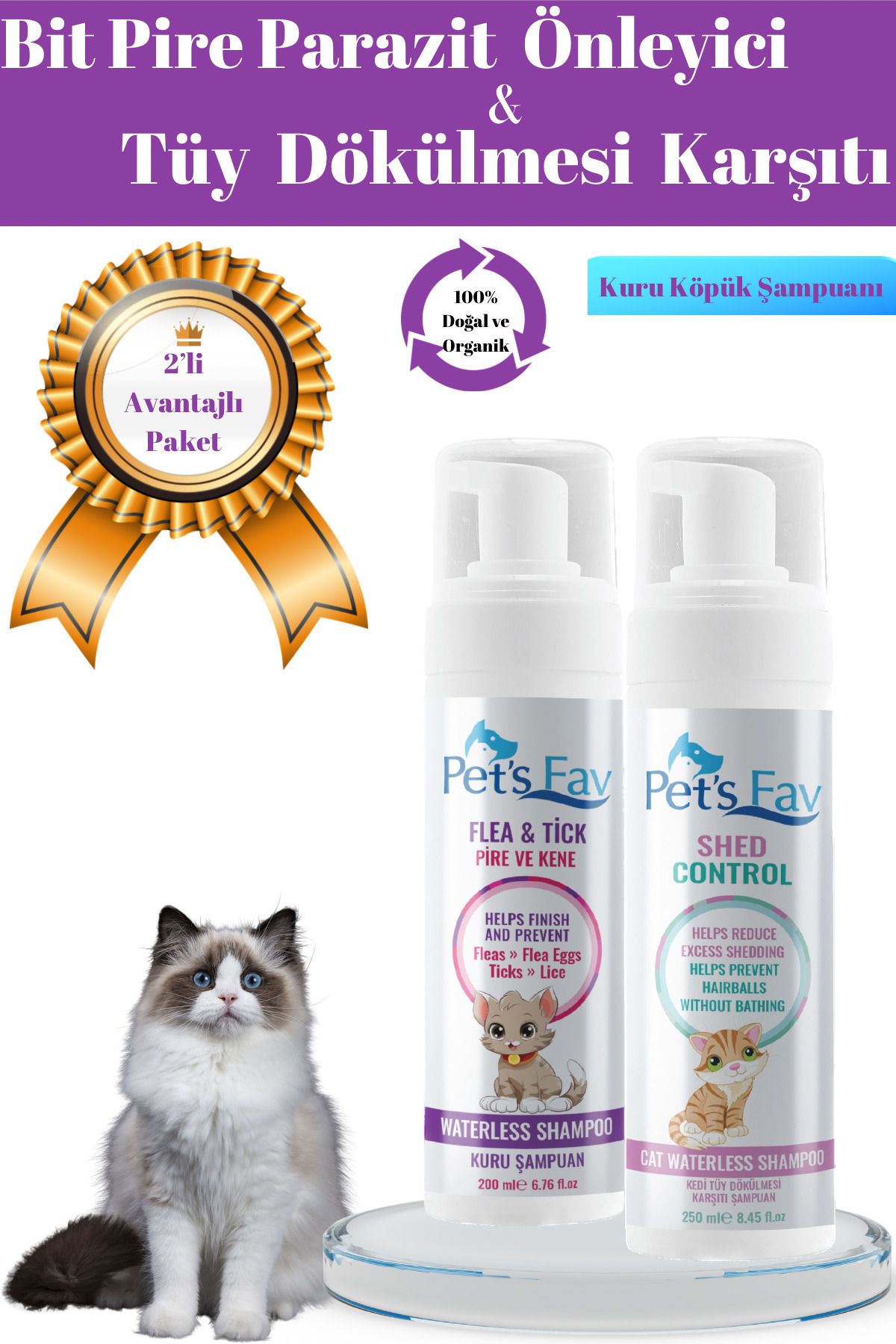 Pets Fav Kedi Bit Pire Kene ve Parazit Önleyici Kedi Tüy Dökülmesi Karşıtı Doğal Kuru Köpük Şampuanı Seti