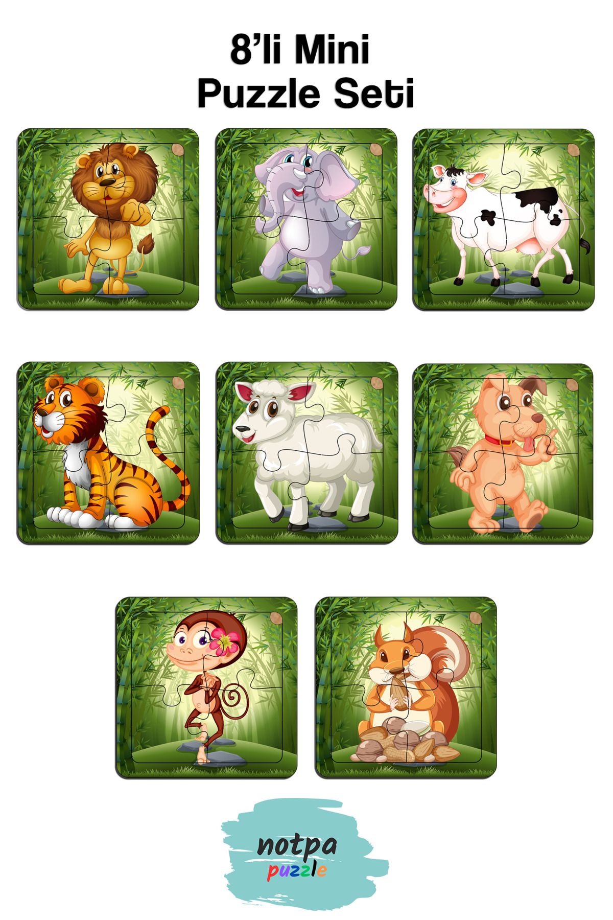 kutuTR Notpa Çocuklar Için Eğitici Ve Öğretici Ahşap 8 li 4 Parçalı Hayvanlar Mini Puzzle Set 8'li Set 2