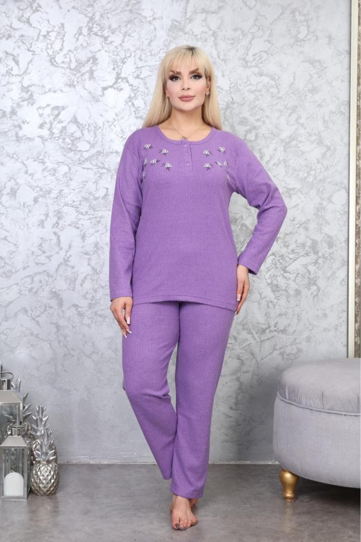 Meba Kadın Kışlık Uzun Kol Çiçek Desenli Büyük Beden Mor Lila Pijama Takımı
