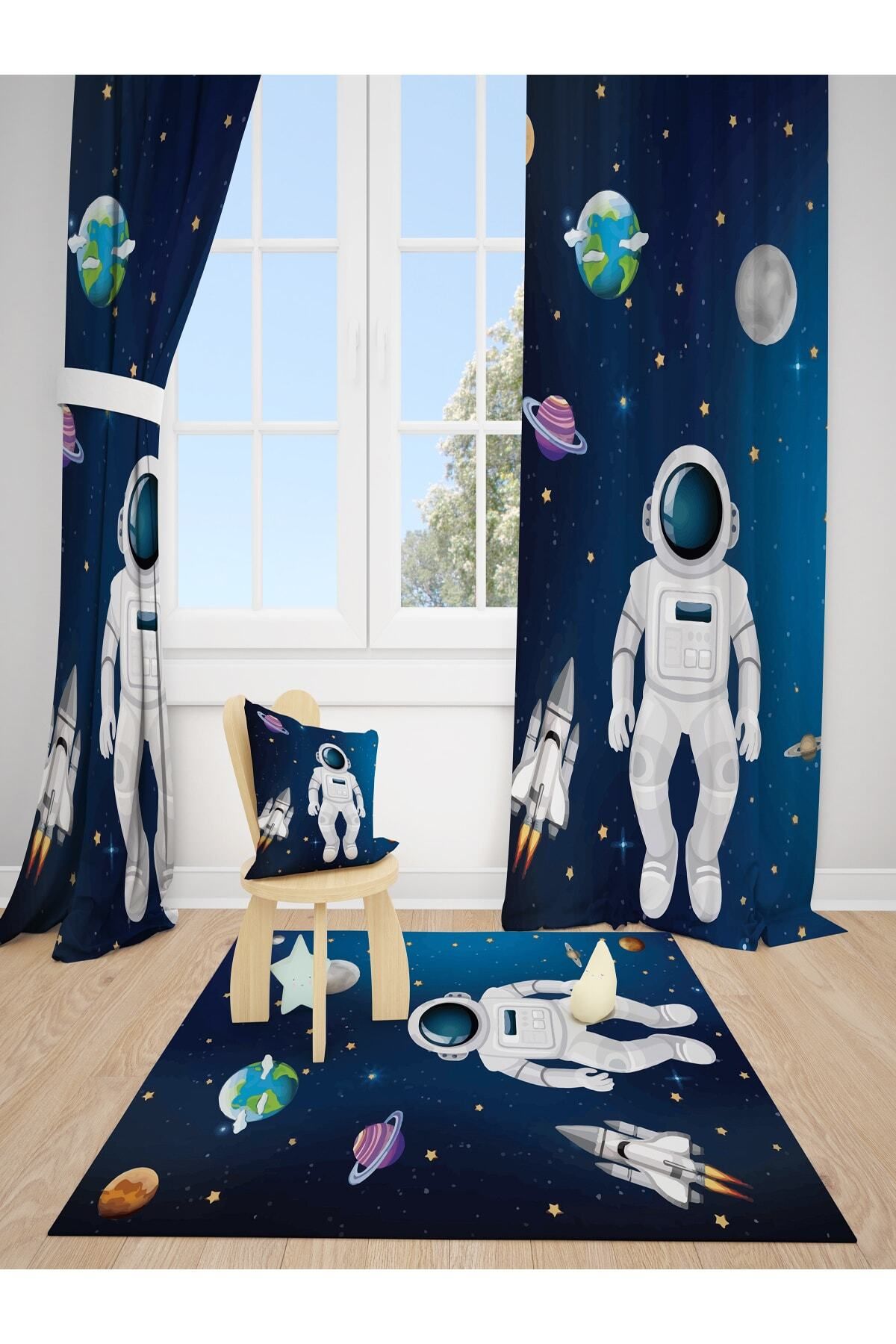DT KIDS Astronot Gezegen Çocuk Odası 2 Kanat Fon Perde