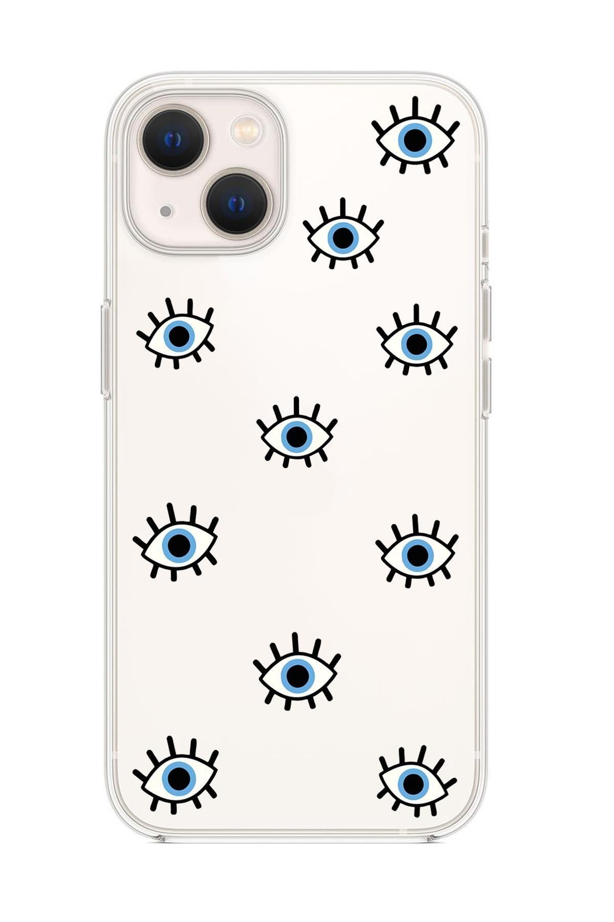 mooodcase Iphone 13 Nazar Gözler Desenli Premium Silikonlu Şeffaf Telefon Kılıfı