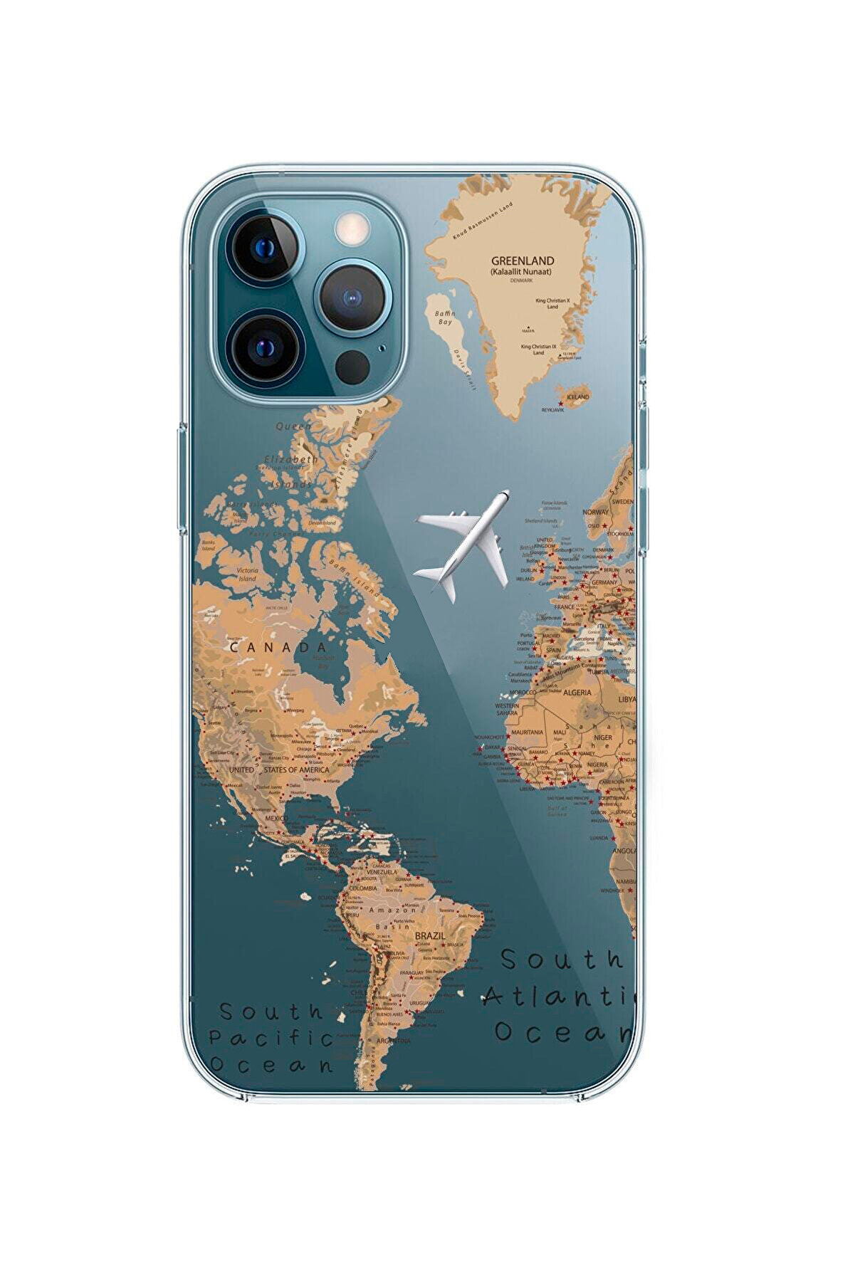mooodcase Iphone 12 Pro Uyumlu Dünya Harita Desenli Premium Şeffaf Silikon Kılıf