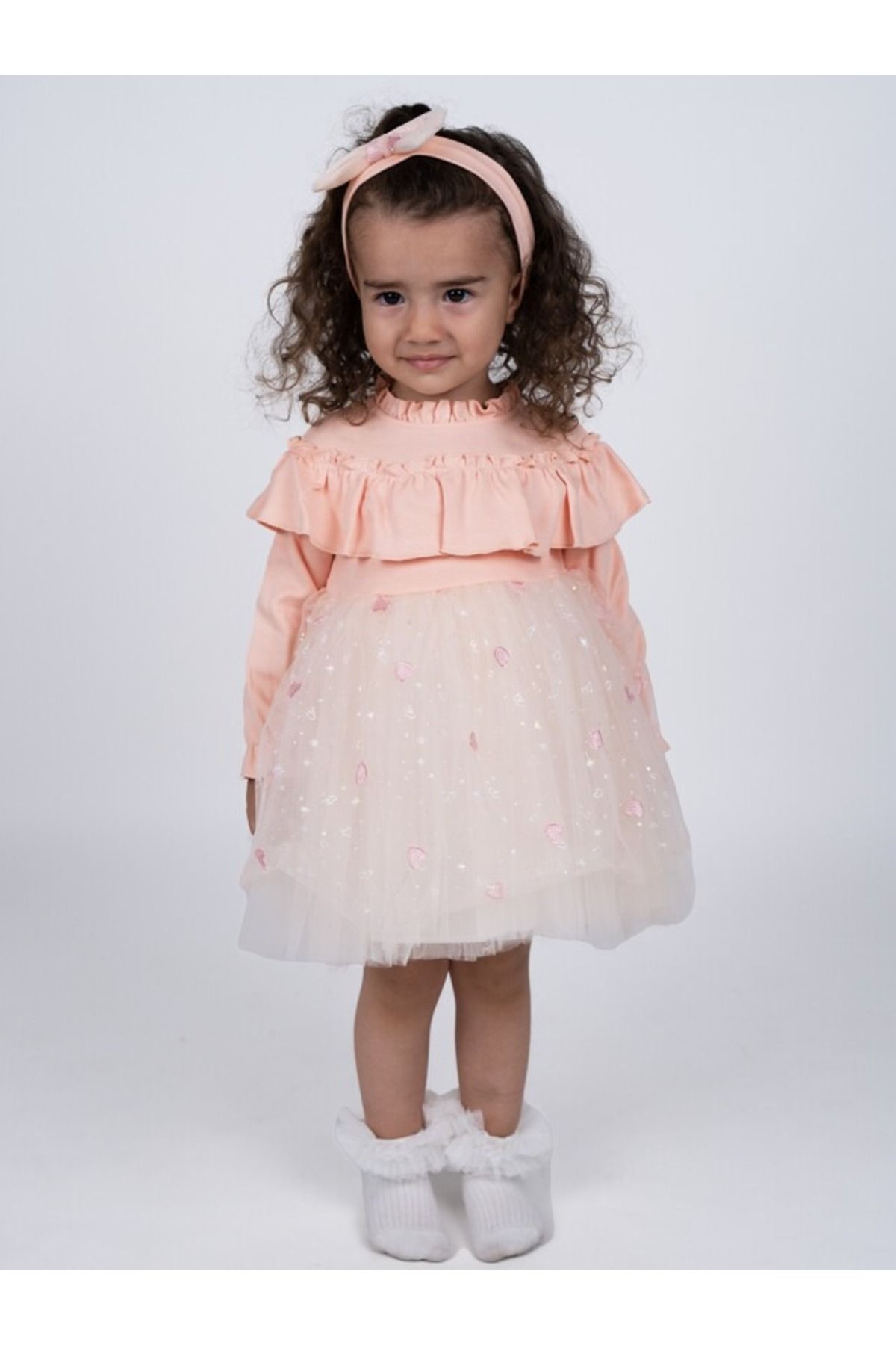 DIDuStore Serkon Pudra Yıldız Işıltılı Tül Etekli Kız Bebek Parti Elbisesi ve Saç Bandı Seti