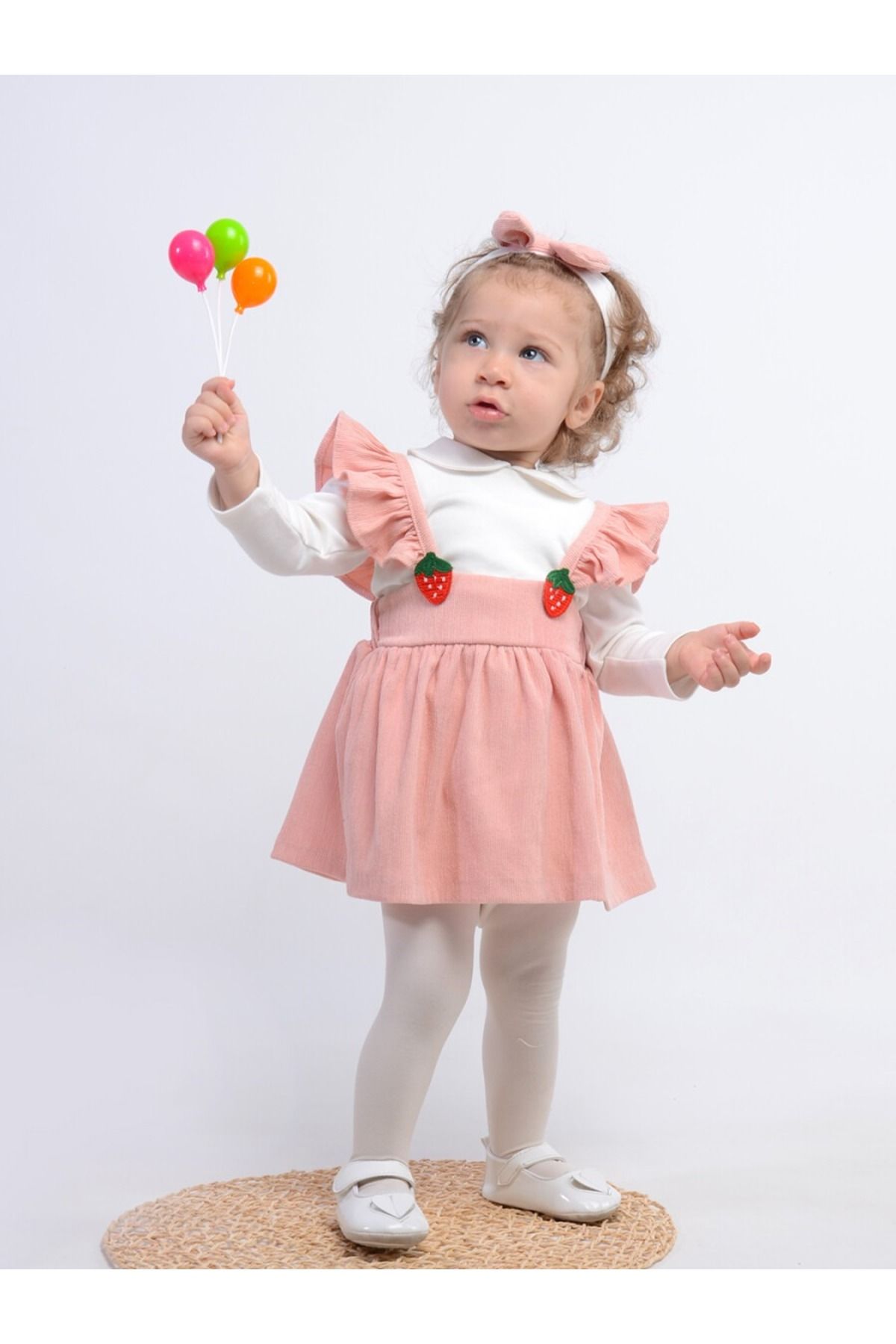 DIDuStore Serkon Sevimli Çilek Aplikeli Kız Bebek Elbise Seti ve Saç Bandı