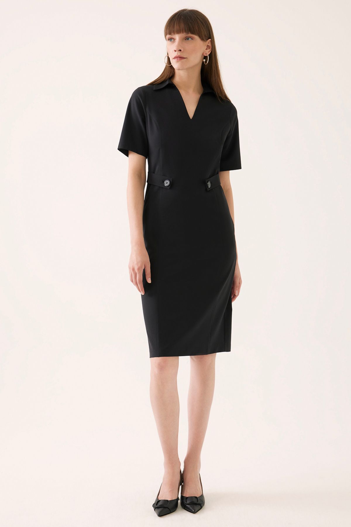Perspective Agatha Slim Fit Diz Altı Takma Kol V-Yaka Siyah Renk Elbise