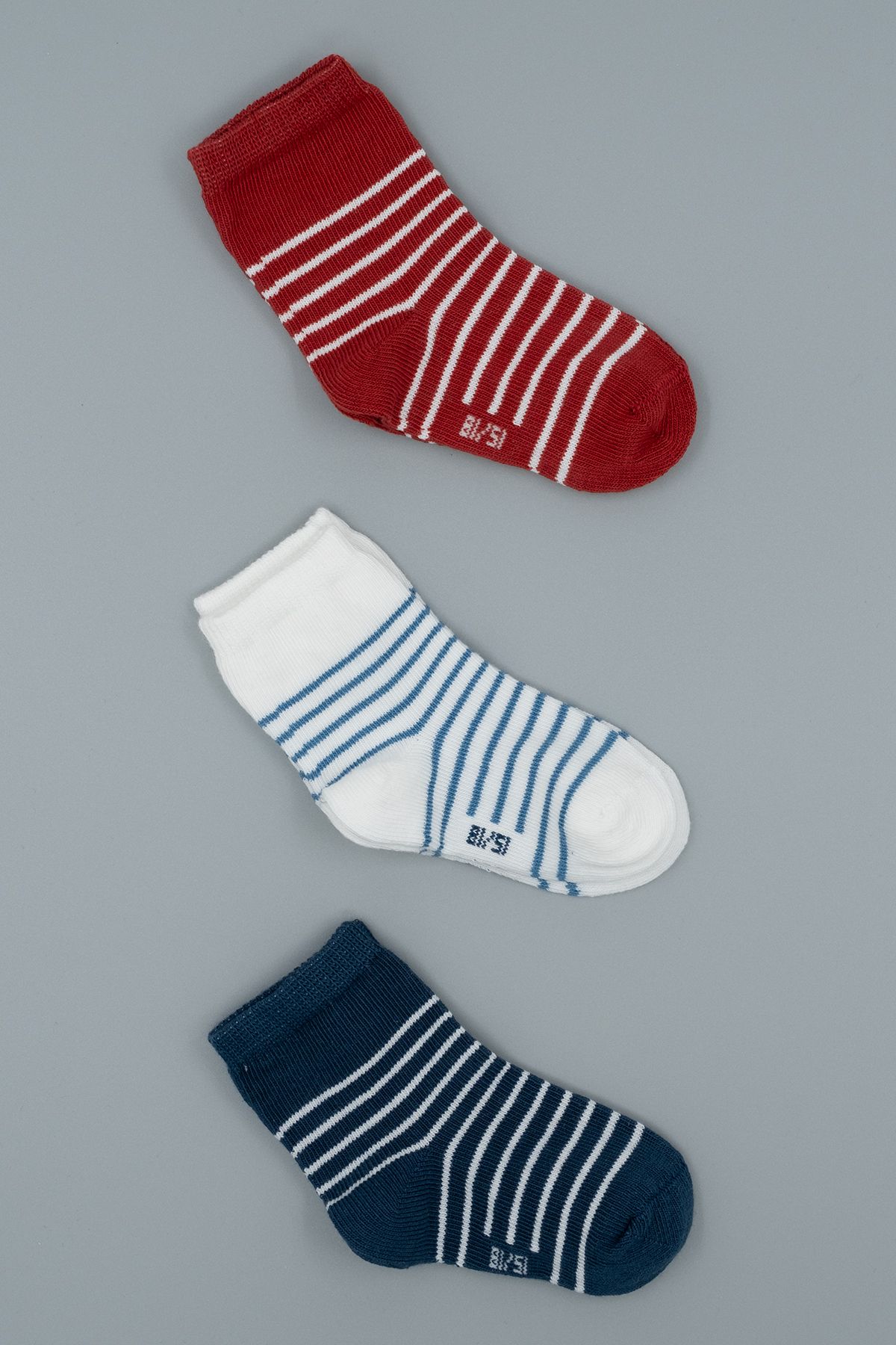 HİTRA Hitra Tekstil Çizgili Düz Kırmızı/beyaz/lacivert 3'lü Dikişsiz Organik Bebek/çocuk Çorap