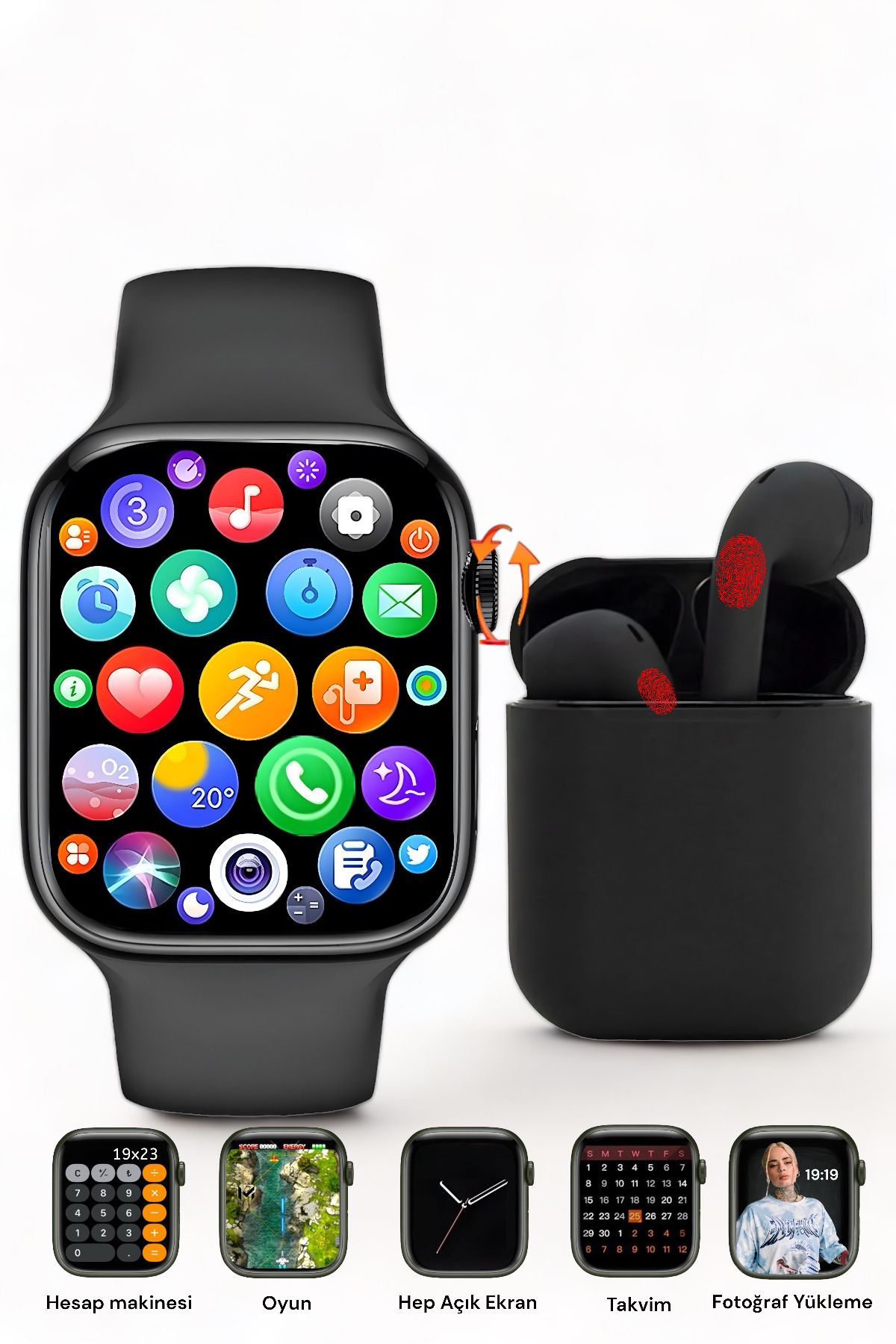 MATEO Akıllı Saat T500 Airbuds Mı12 Kablosuz Kulaklık Ikili Siyah Set