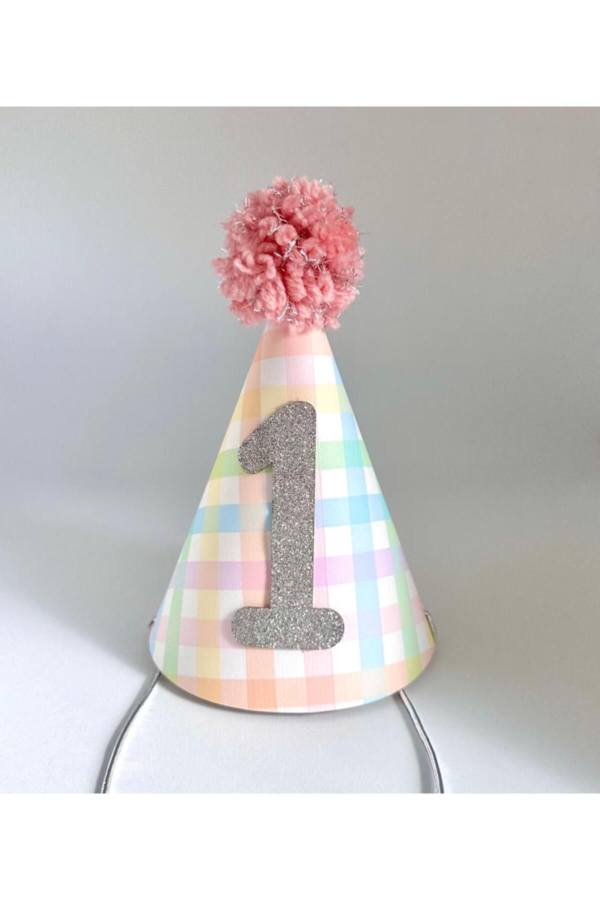 Mare Karnaval Ekose Desenli Renkli 1 Yaş Doğum Günü Parti Şapkası-Tek Şapka