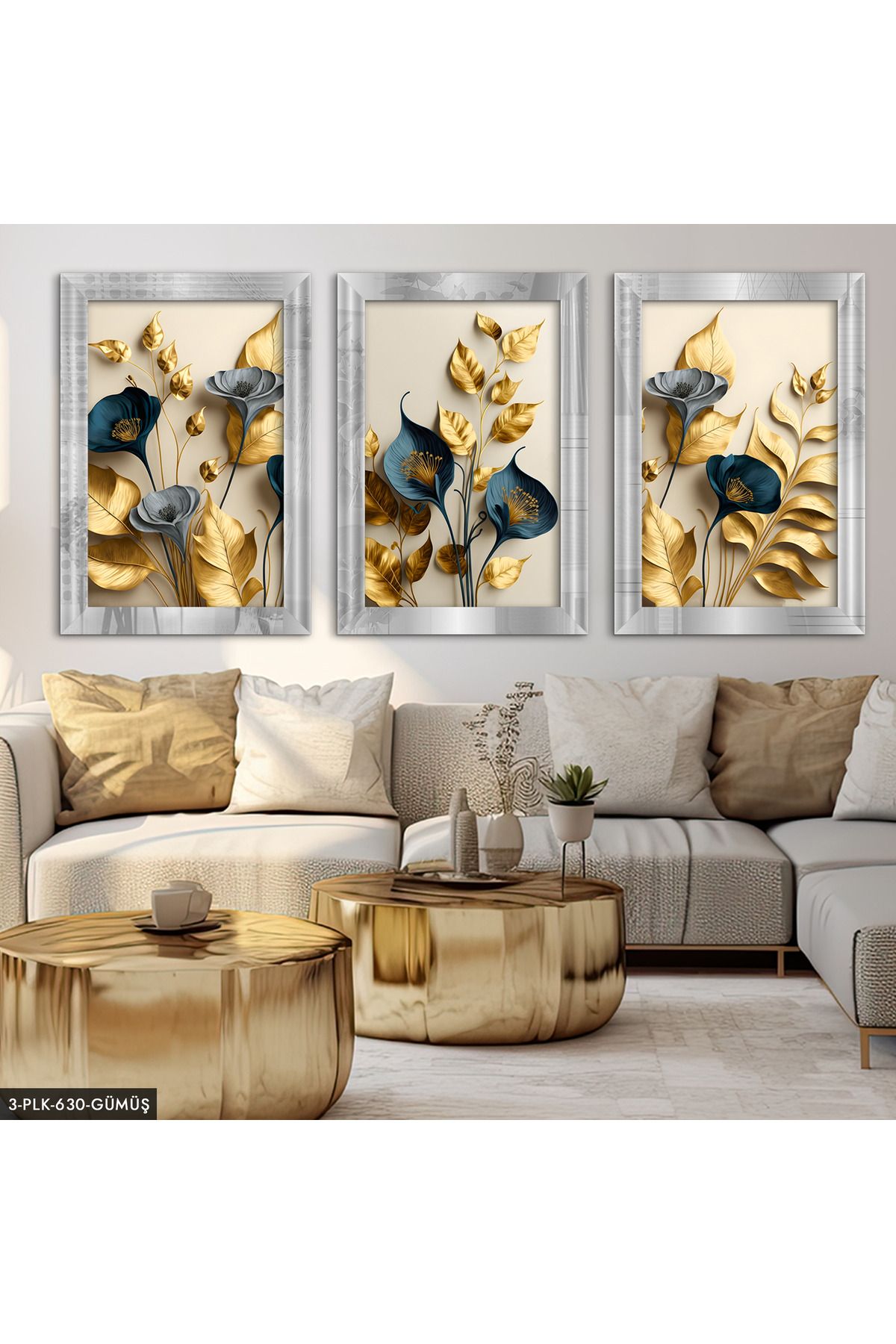 Evinemoda Zarif Altın ve Mavi Çiçekler 3 Parça Pleksi Aynalı Tablo