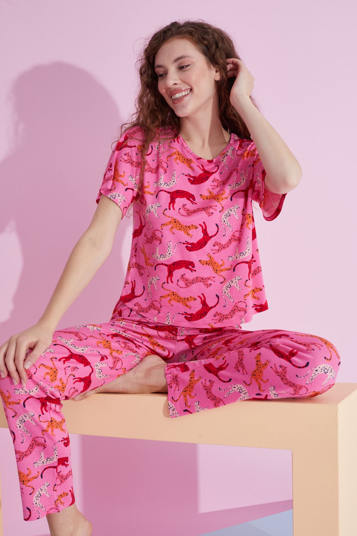 Siyah İnci pembe kaplan desenli likralı Örme Pijama Takım