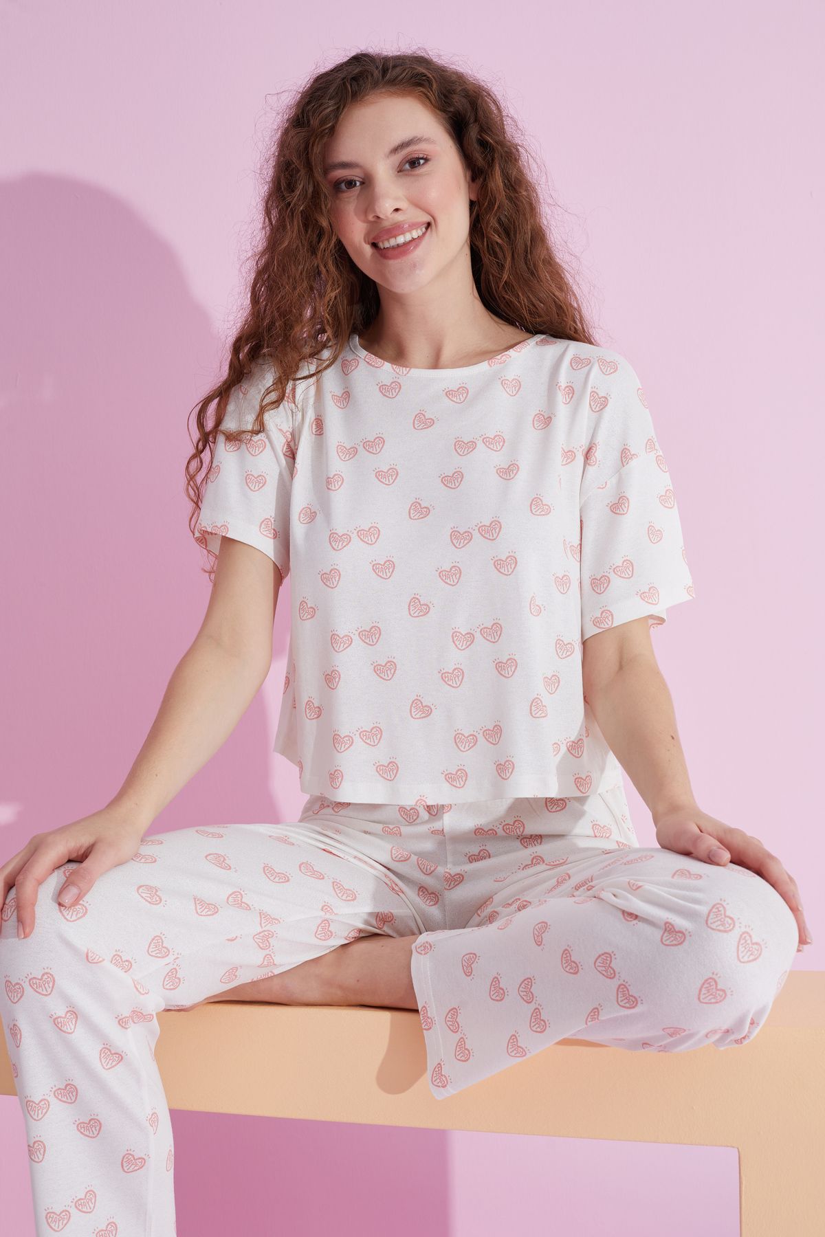 Siyah İnci beyaz kalp desenli likralı Örme Pijama Takım