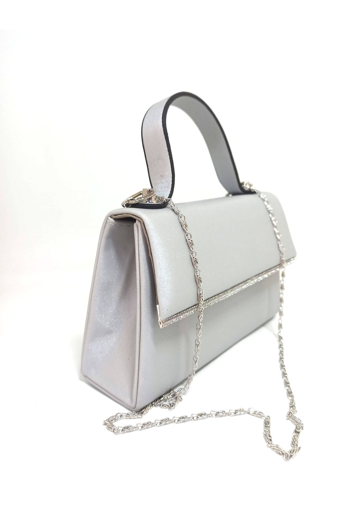 dizaynbag Kadın gümüş saten taş aksesuarlı mini abiye çanta