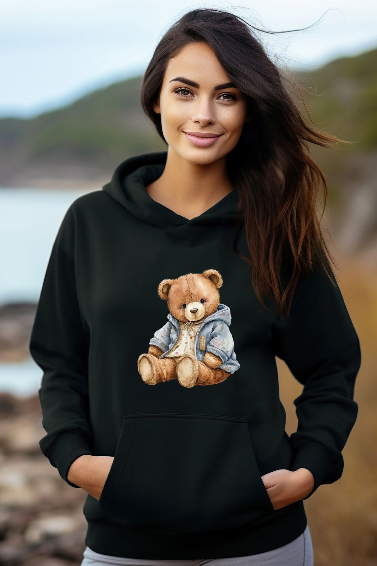 ADA BEBEK ÇOCUK Pamuklu Watercolor Hırkalı Bear Tarz Kadın Sweatshirt