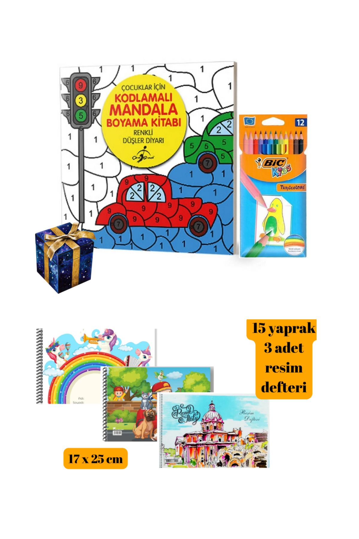 Bic Çocuklar için Mandala Boyama Kitabı Resim Defteri ve Bic Kuru Boya Kalemi