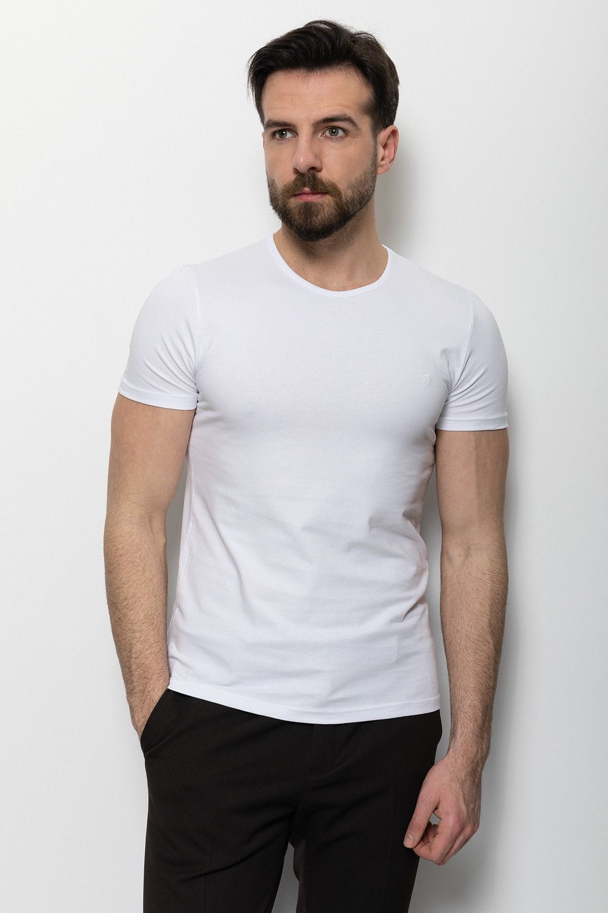 Mcr Düz Beyaz Renk Super Slim Fit Bisiklet Yaka Basic Erkek T-shirt
