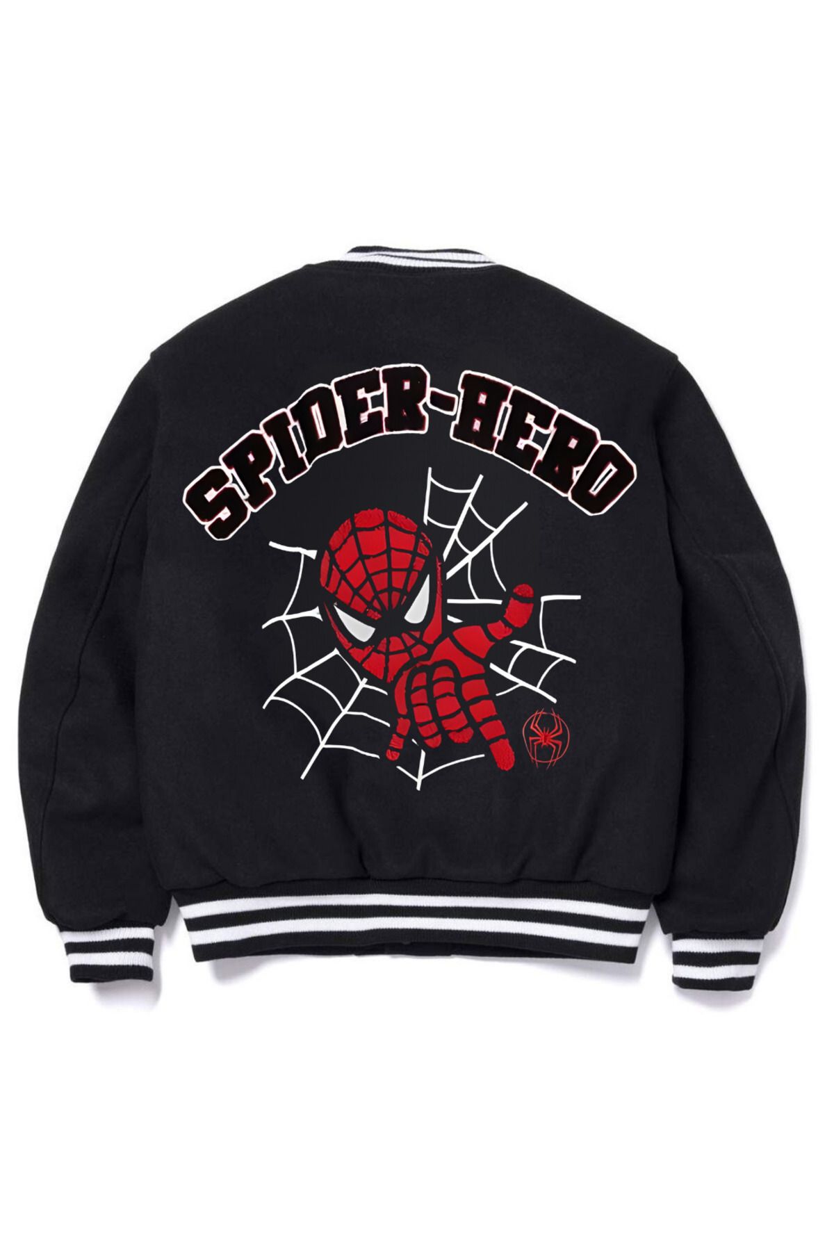 BUTICOR Spiderman Ön-Arka Baskılı Unisex Oversize Siyah Kolej Ceket