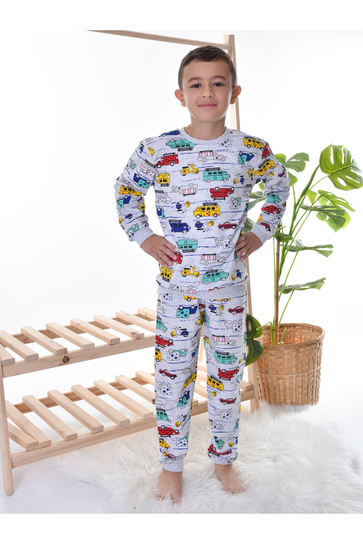 TUGSE Erkek Çocuk Gri Arabalı Pijama Takım
