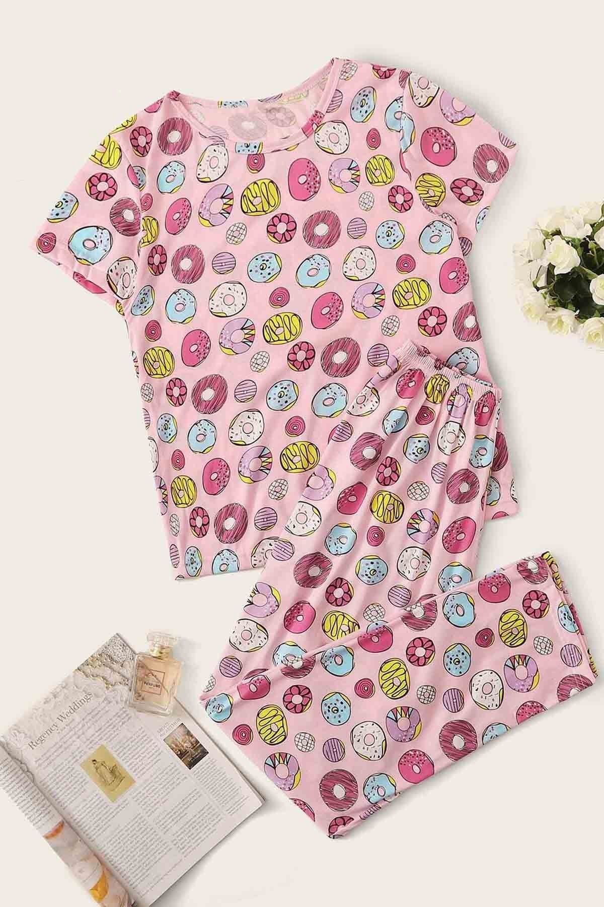 Merry See Kısa Kollu Alt Uzun Donut Baskılı Pijama Takımı