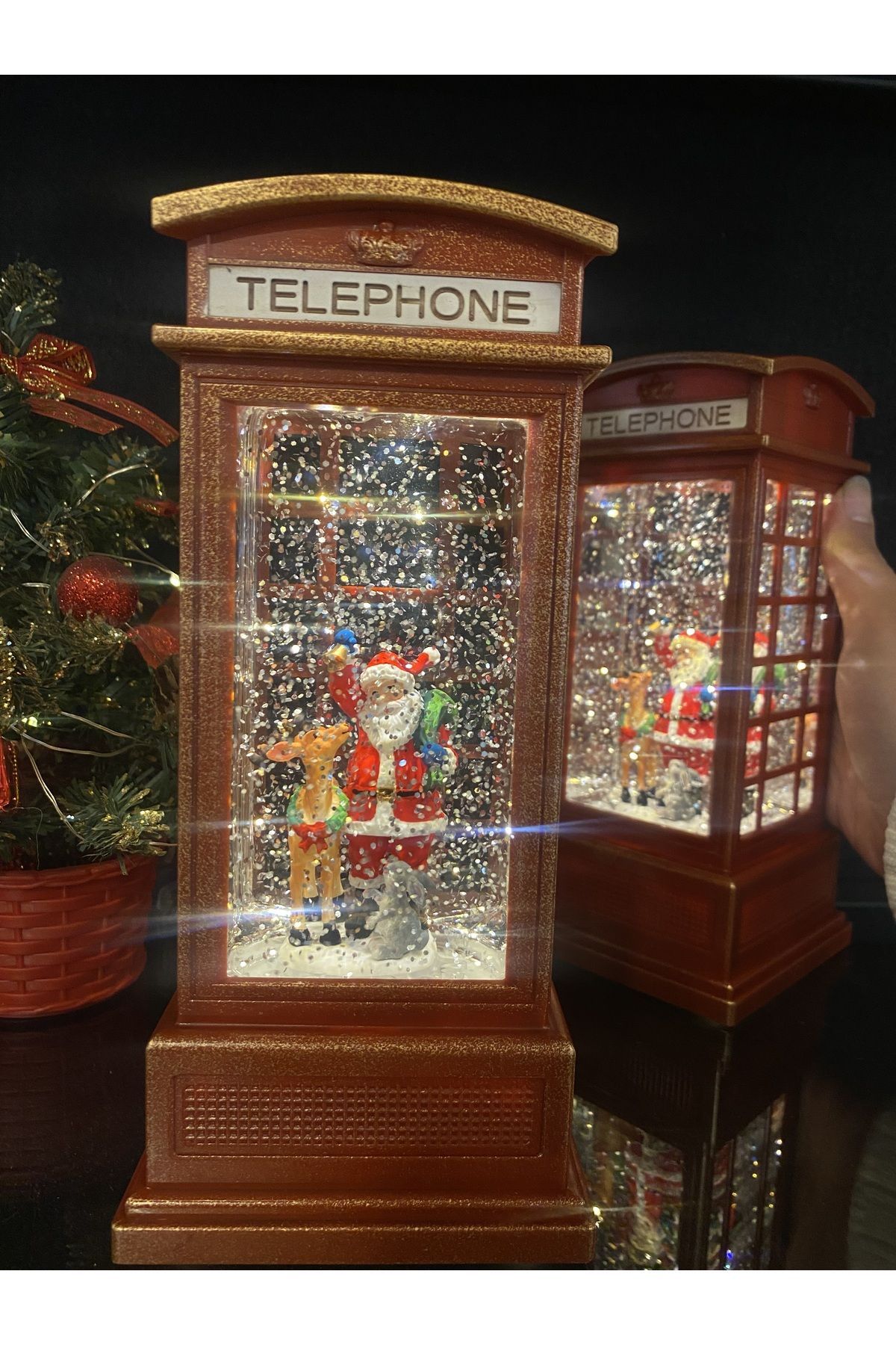 Patavat Telefon Kulübesi Kardan Adam Noel Baba Yılbaşı Model Kar Küresi Müzikli Işıklı Püskürtmeli