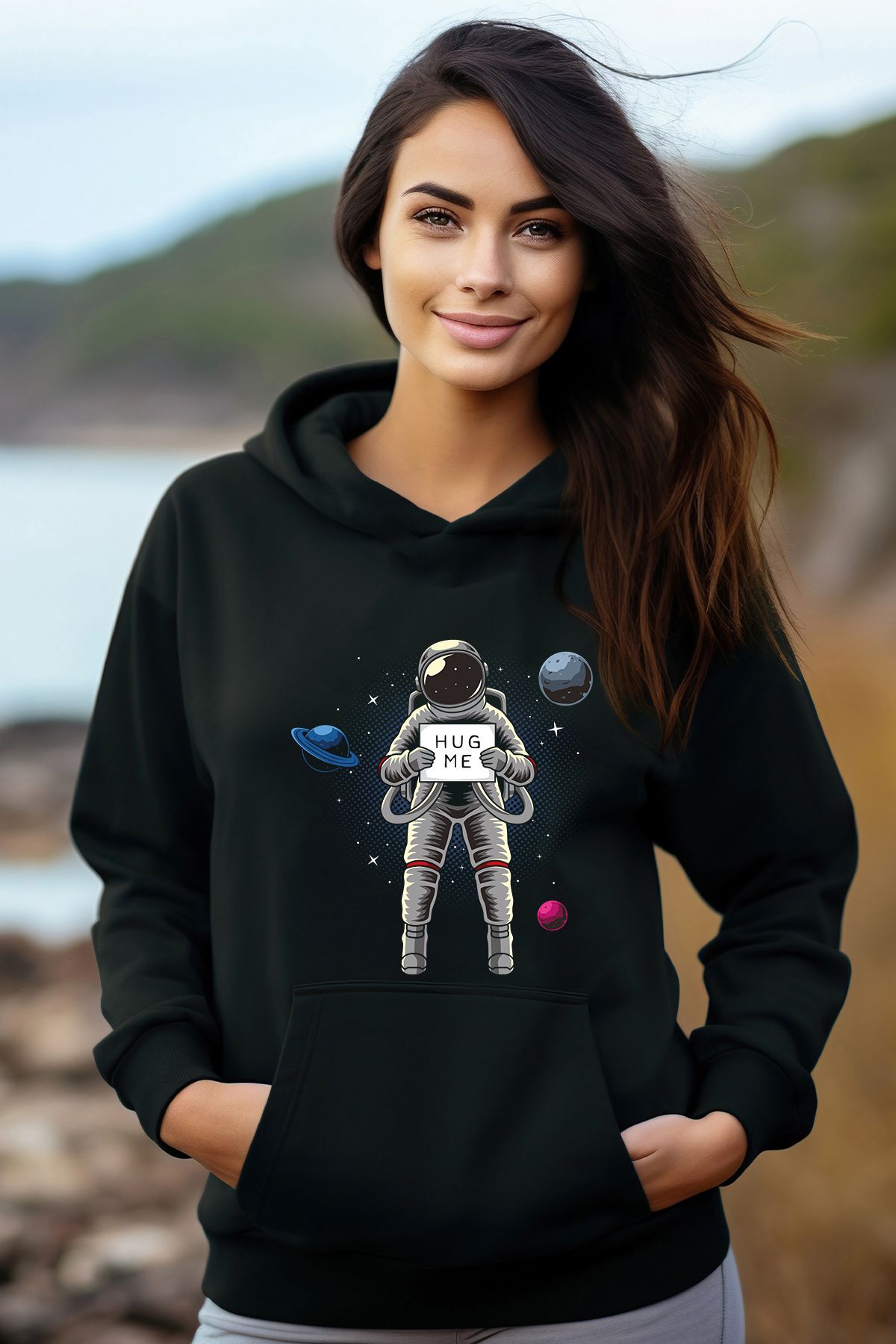 ADA BEBEK ÇOCUK Pamuklu Hug Me Astronot Kapşonlu Kadın Sweatshirt