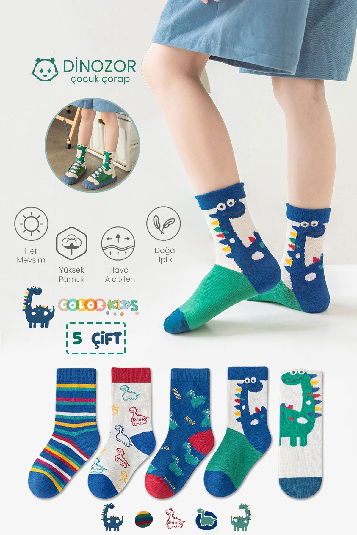 Color Socks 5 Çift Dinozor Çocuk Çorap Seti (Comfort Kids)