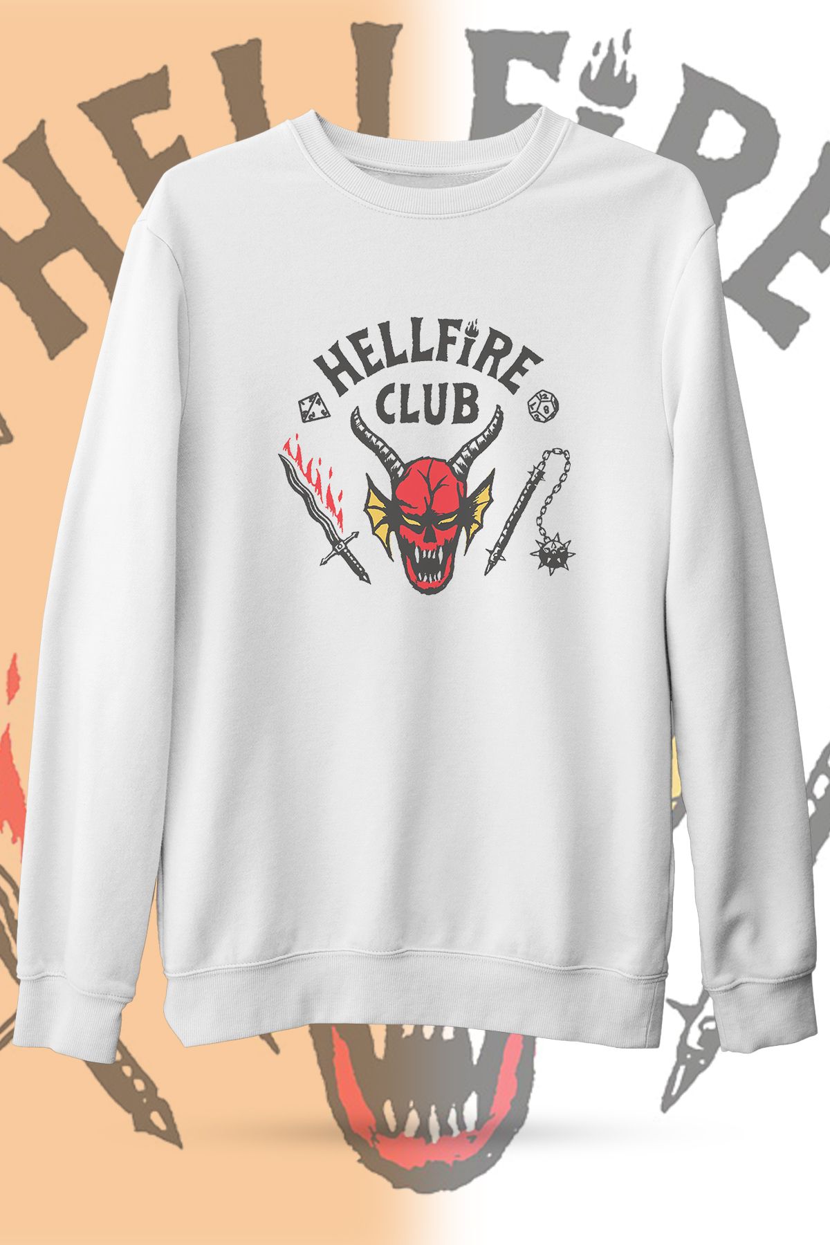 WebStyle Hellfire Club Baskılı Bisiklet Yaka Ekru Unisex Sweatshirt