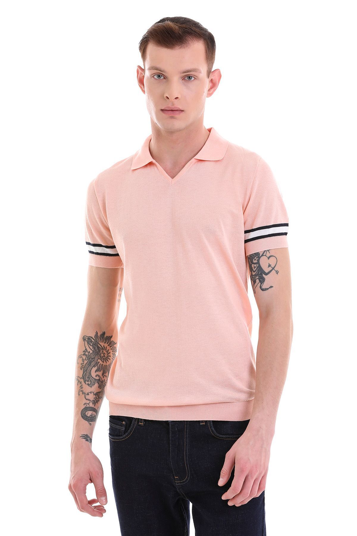 Hatemoğlu Pembe Slim Fit Çizgili Polo Yaka Triko Tişört