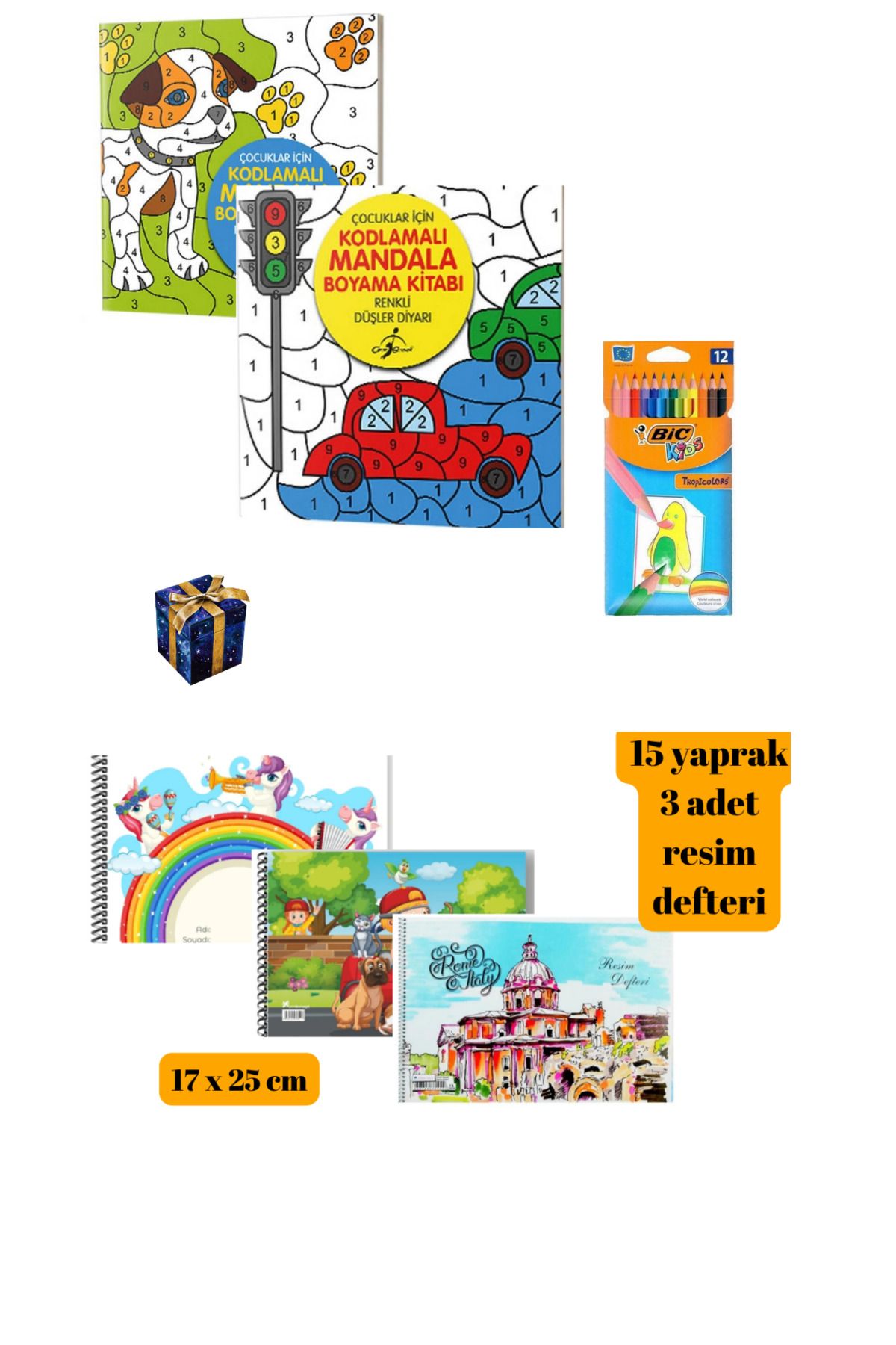 Bic Çocuklar için Kodlamalı Mandala Boyama Kitabı 2 Adet 12 Renk Bic Kuru Boya Kalemi ve 3 Resim Defteri