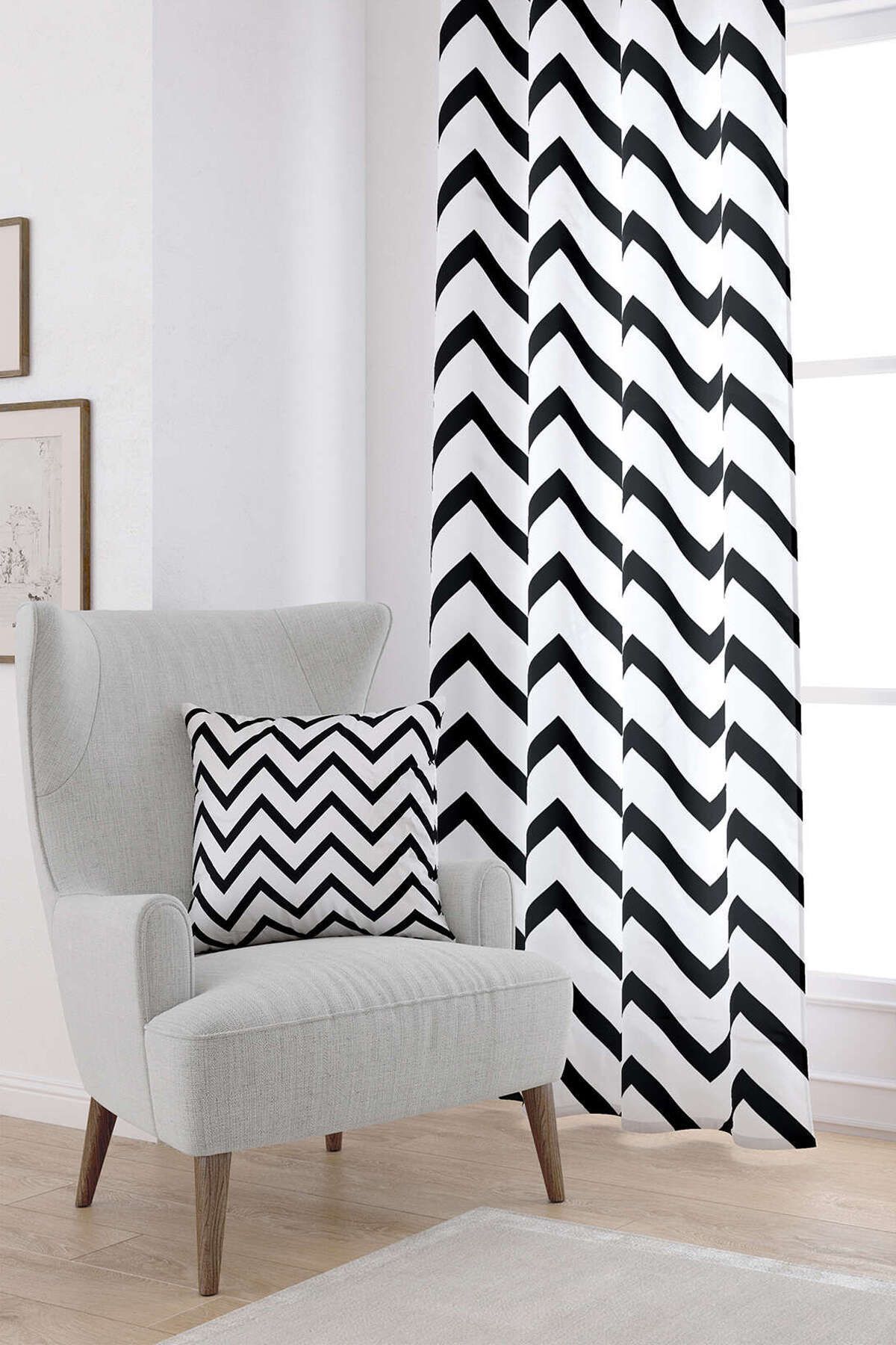 Cango Home Beyaz Siyah Dekoraif Zigzag Desenli Dijital Baskılı Perde Otyk561-pr