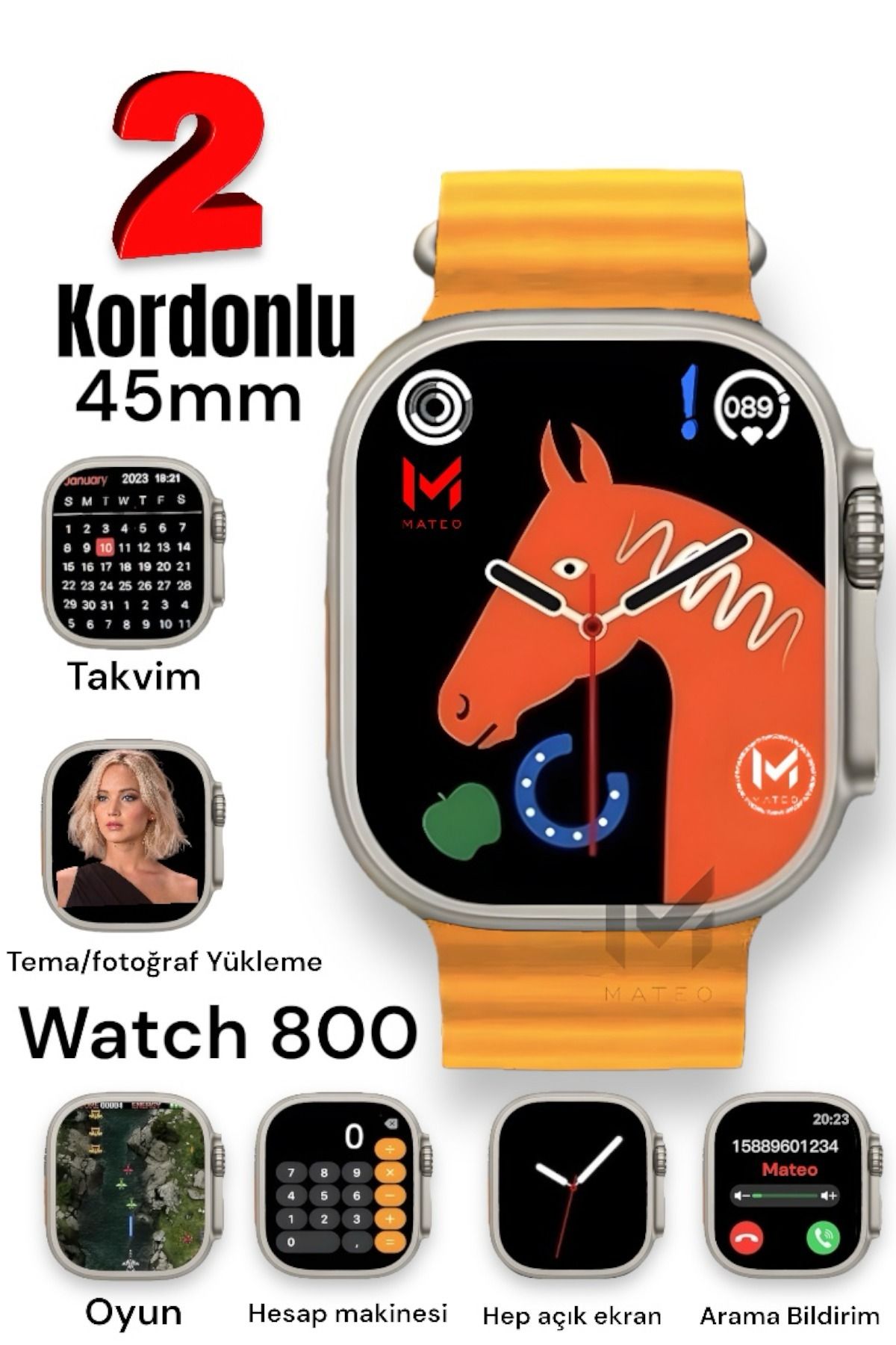 MATEO Akıllı Saat Watch 8 Ultra 45mm 1.99 Inç Türkçe Tüm Telefonlara Uyumlu Gümüş Kasa smartwatch Turuncu