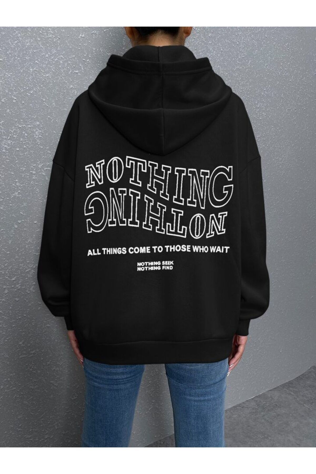 AFROGİYİM Unisex Nothing All Things Sırt Baskılı Oversize Üc İp Hoodie