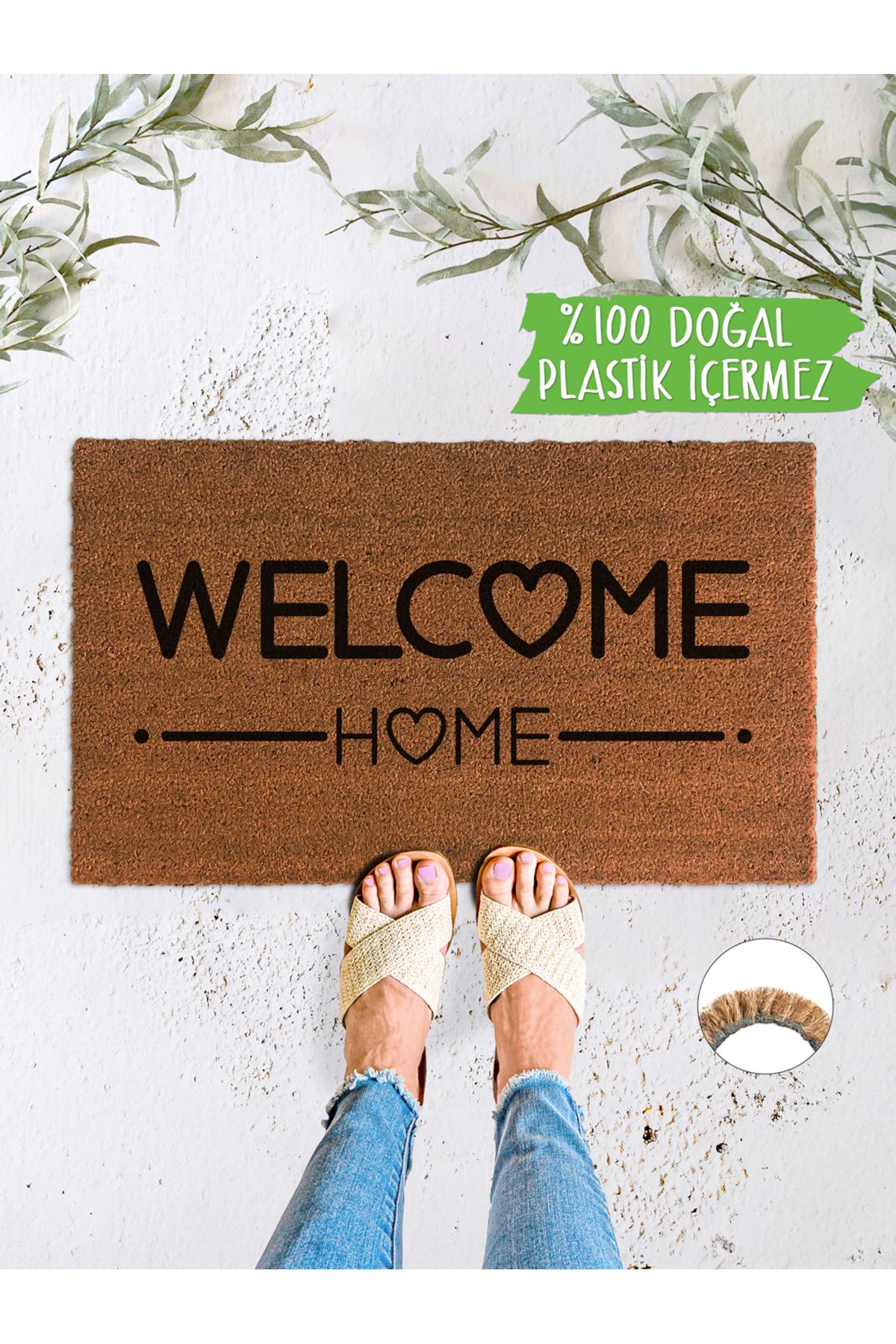 Evaşk Welcome Home %100 Doğal Koko Kıl Kapı Önü Paspası Plastik Içermez Çevreci Doğal Lateks Kaymaz Taban