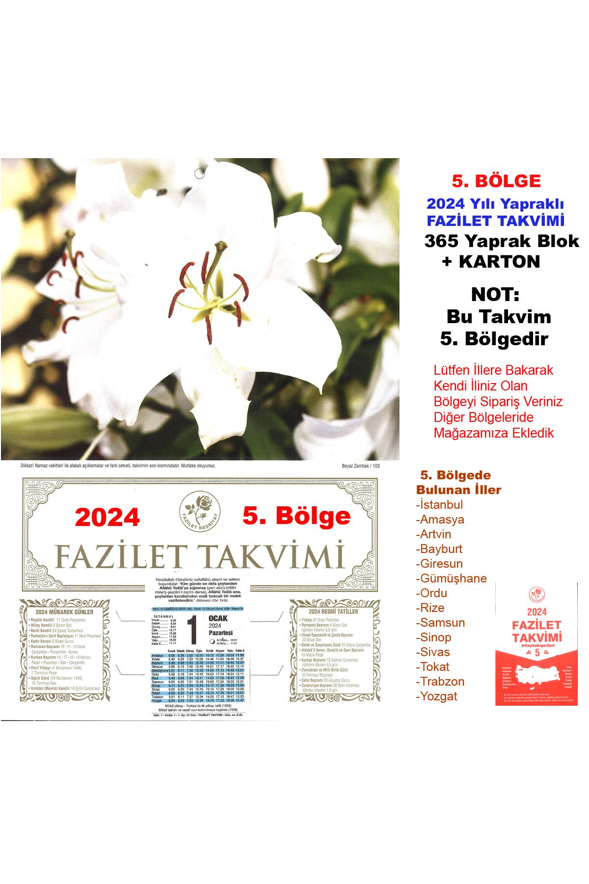 Elif Kitabevi 5. BÖLGE - 2024 Yılı Fazilet Takvimi Yapraklı Namaz Vakitli, Duvar Kartonu
