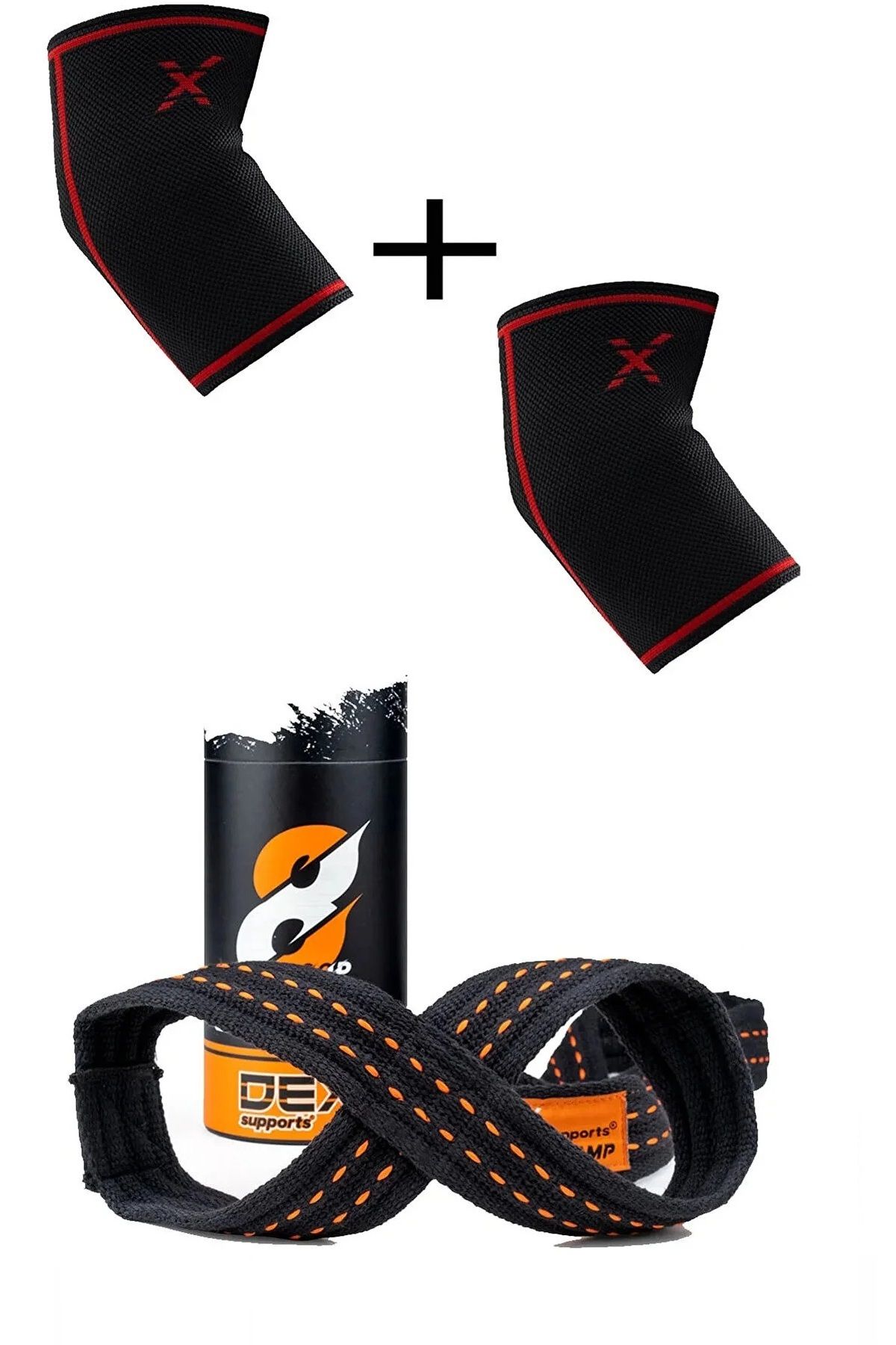 Dex Supports Lasting Energy Fitness Ortopedik Dirseklik Elbow Sleeve+Ağırlık Kaldırma Kayışı 8 Loop Lifting Straps 2'li Set