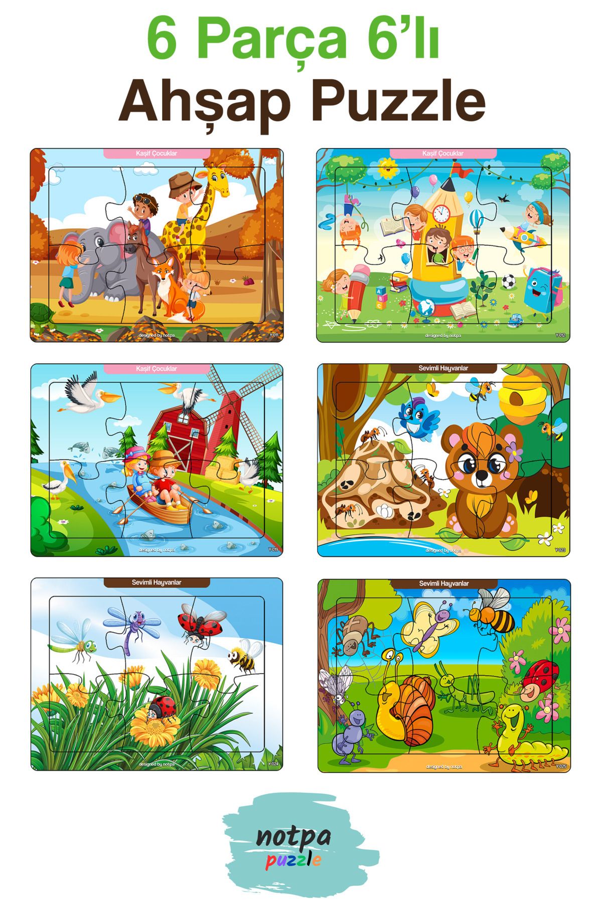 kutuTR Notpa Çocuklar Için Eğitici Ve Öğretici Ahşap 6 Parça 13x17 Renkli Puzzle 6'lı Set-604