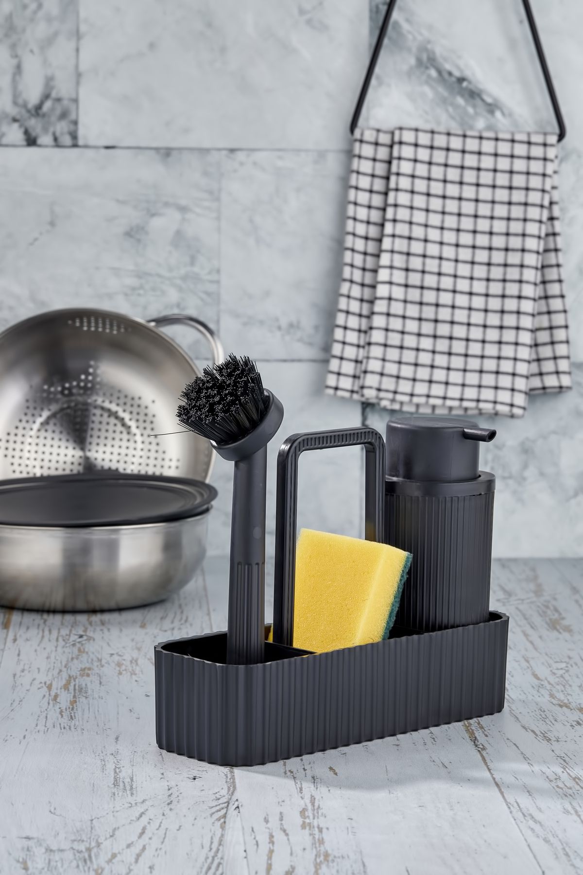 Tugomer Lüx Mutfak Seti - Oval Hazneli Sıvı Sabunluk Süngerlik Bulaşık Fırça Seti