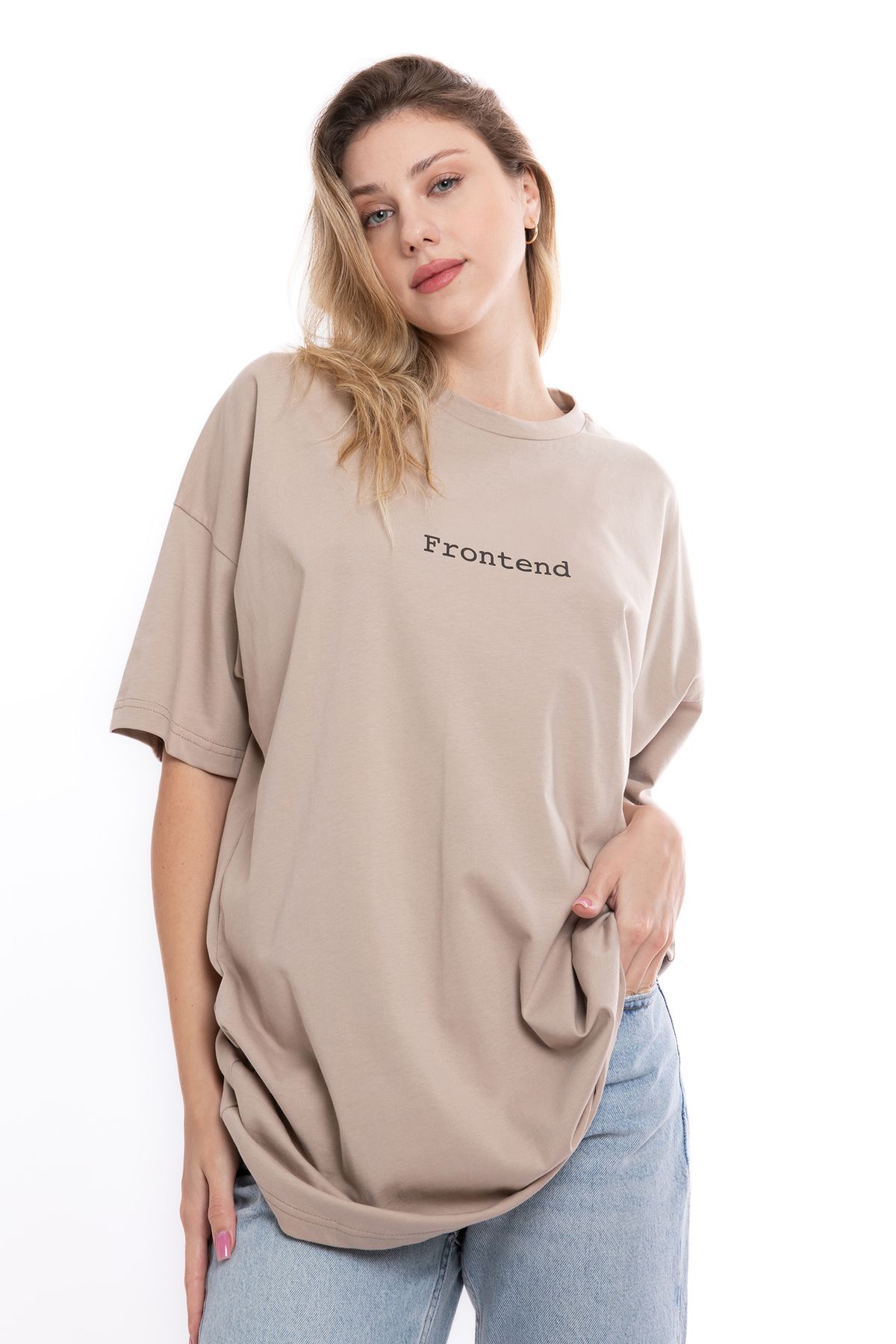 Roperobe %100 Organik Pamuk Camel Unisex Oversize T-Shirt | Frontend - Backend